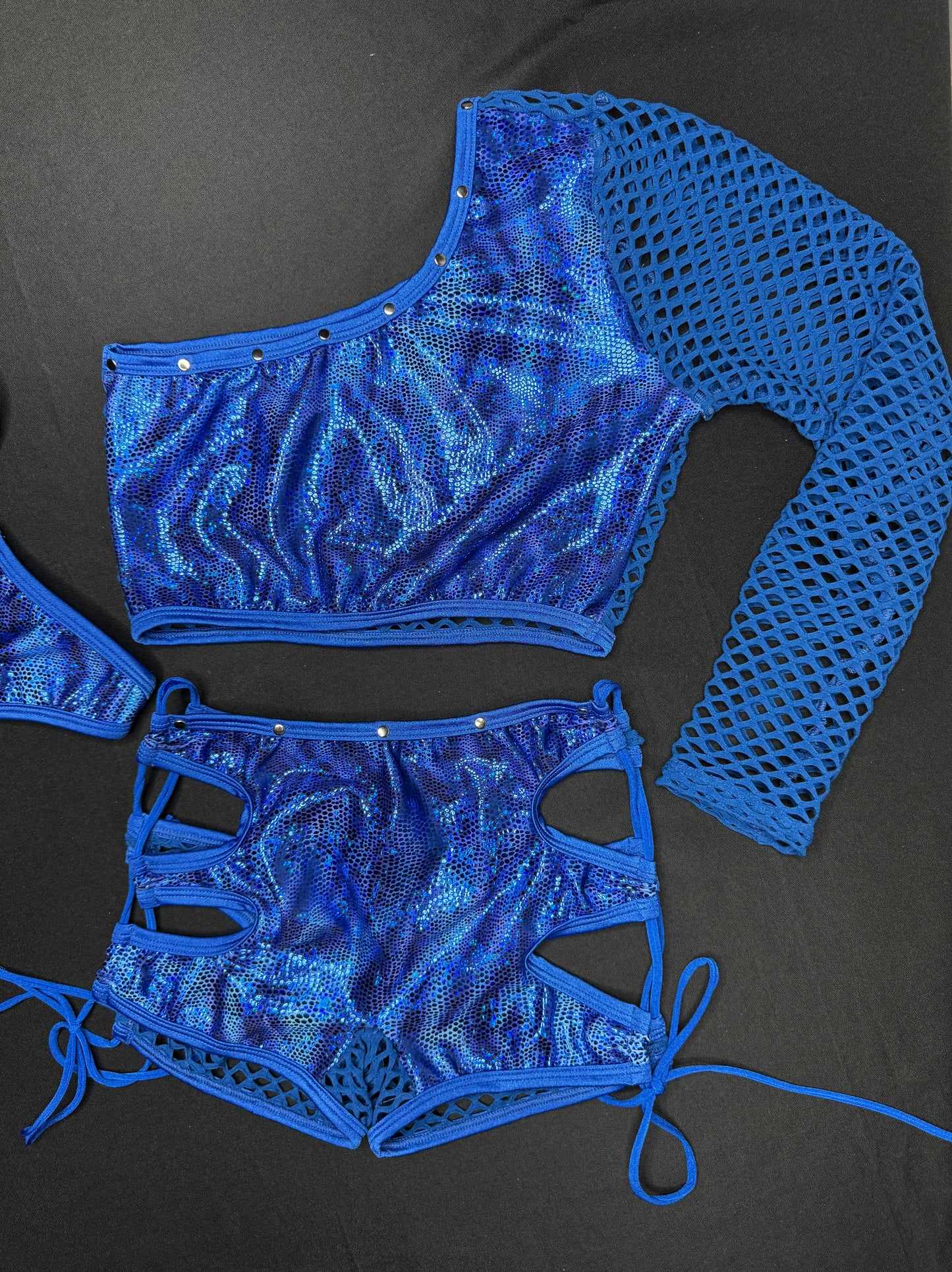 Royal Blue Animal Print Metallic Spandex/Blue Spandex Fishnet Single Sleeve/Shorts Two-Piece Lingerie Outfit