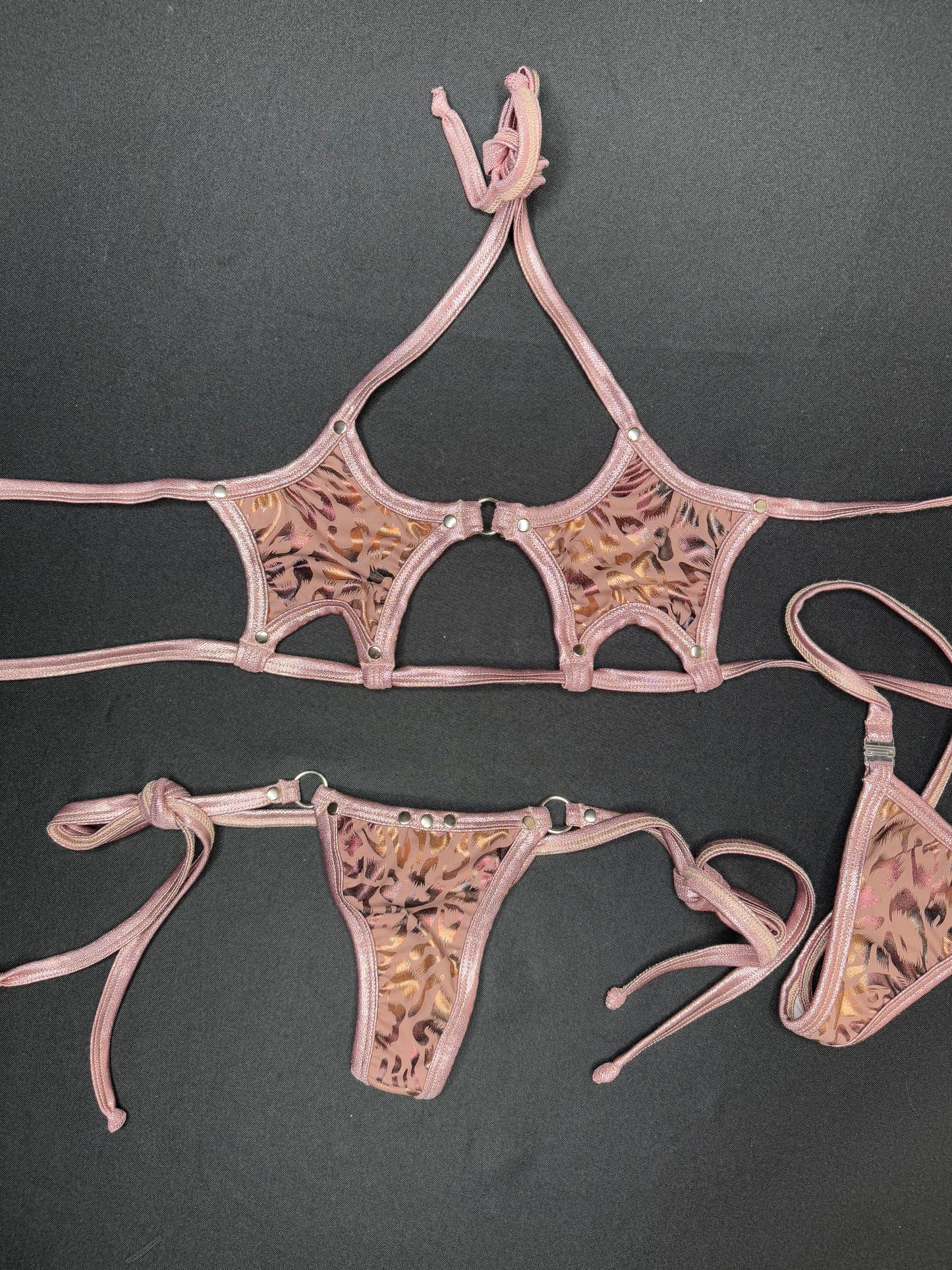 Rose Gold/Cheetah Print Star-Top/Side-Tie Two-Piece Lingerie Outfit