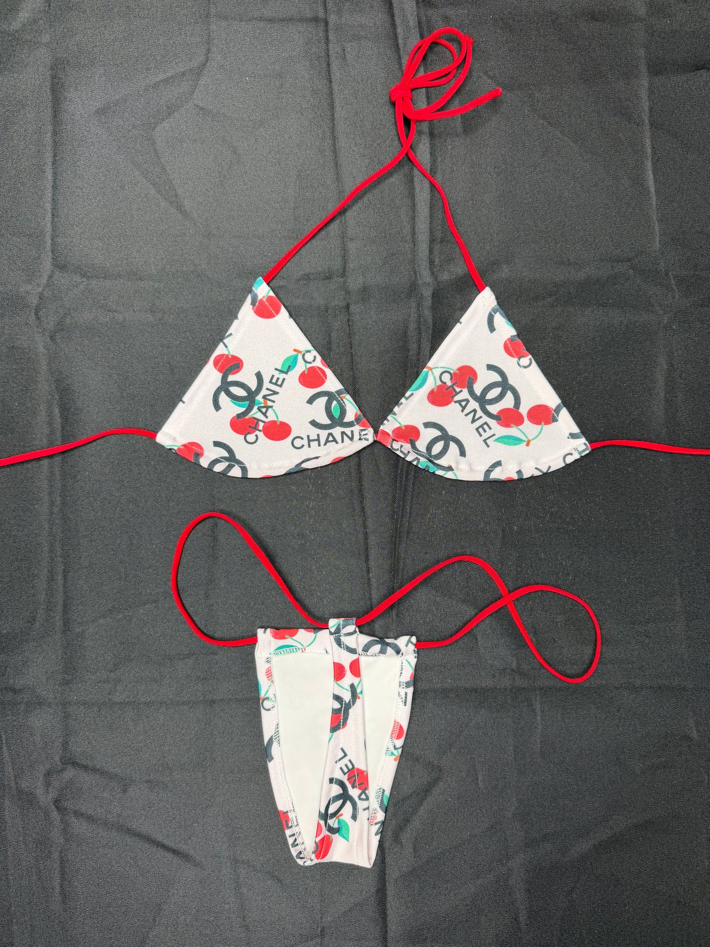 Designer White/Red Cherry Spandex Micro Bikini Lingerie Outfit