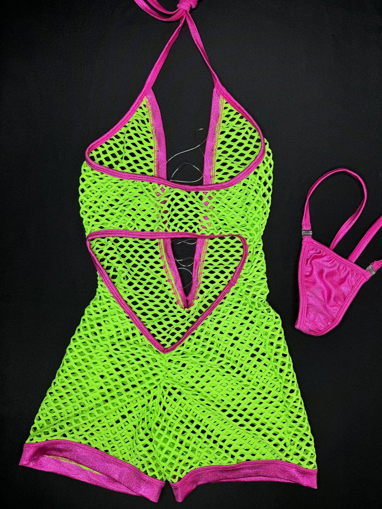 Neon/Pink One-Piece Fishnet Lingerie Outfit