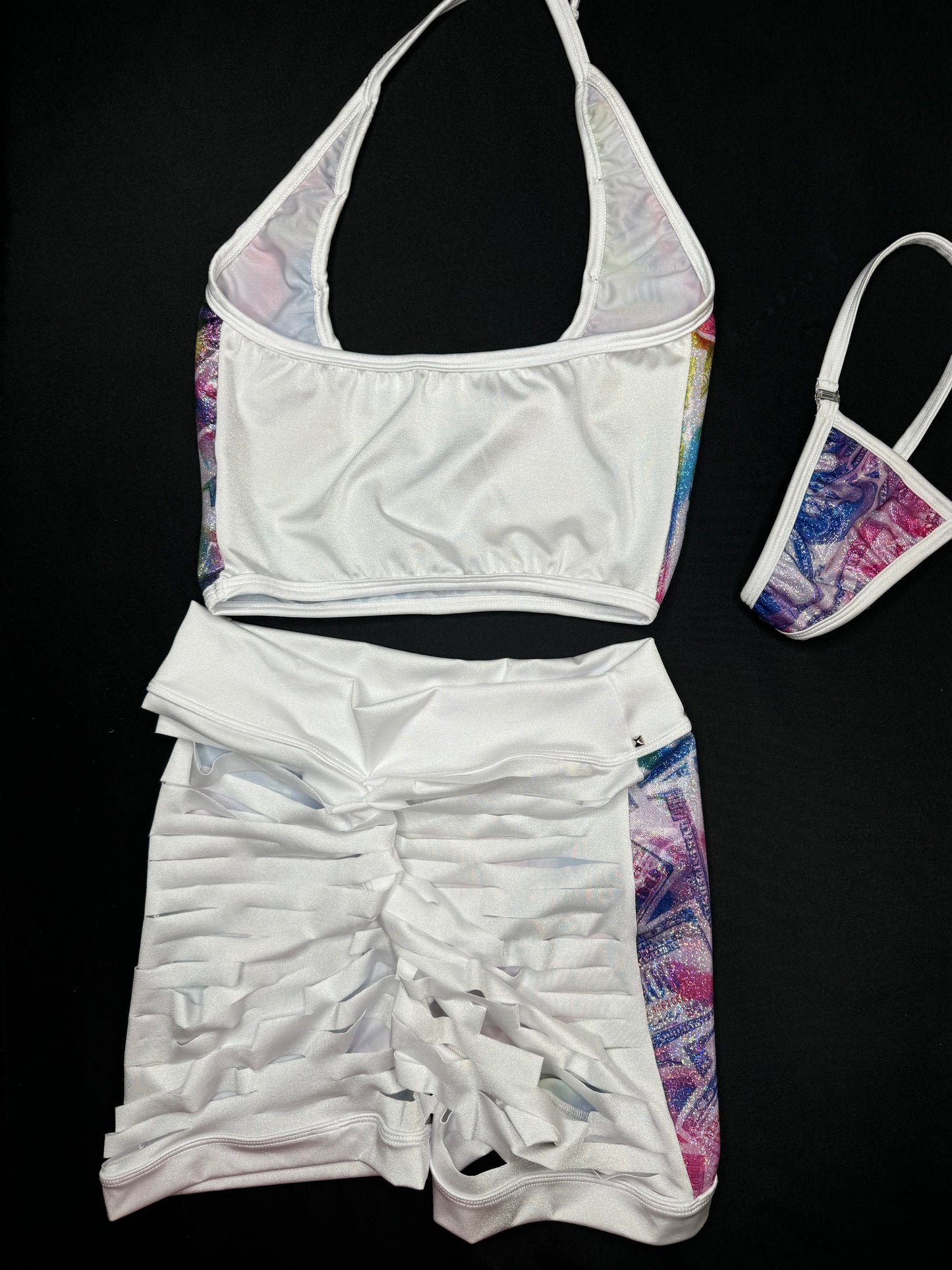 Holographic Money Print Two-Piece Sports Bra/Ripped Shorts Lingerie Outfit