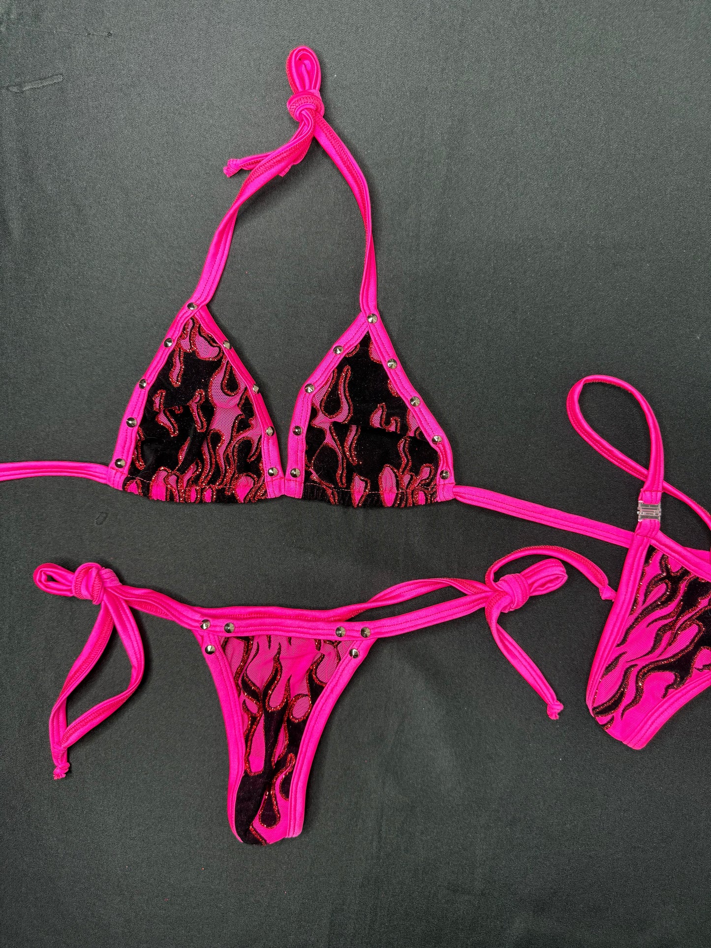 Pink Flame Mesh Two-Piece Side Tie Bikini Lingerie Outfit