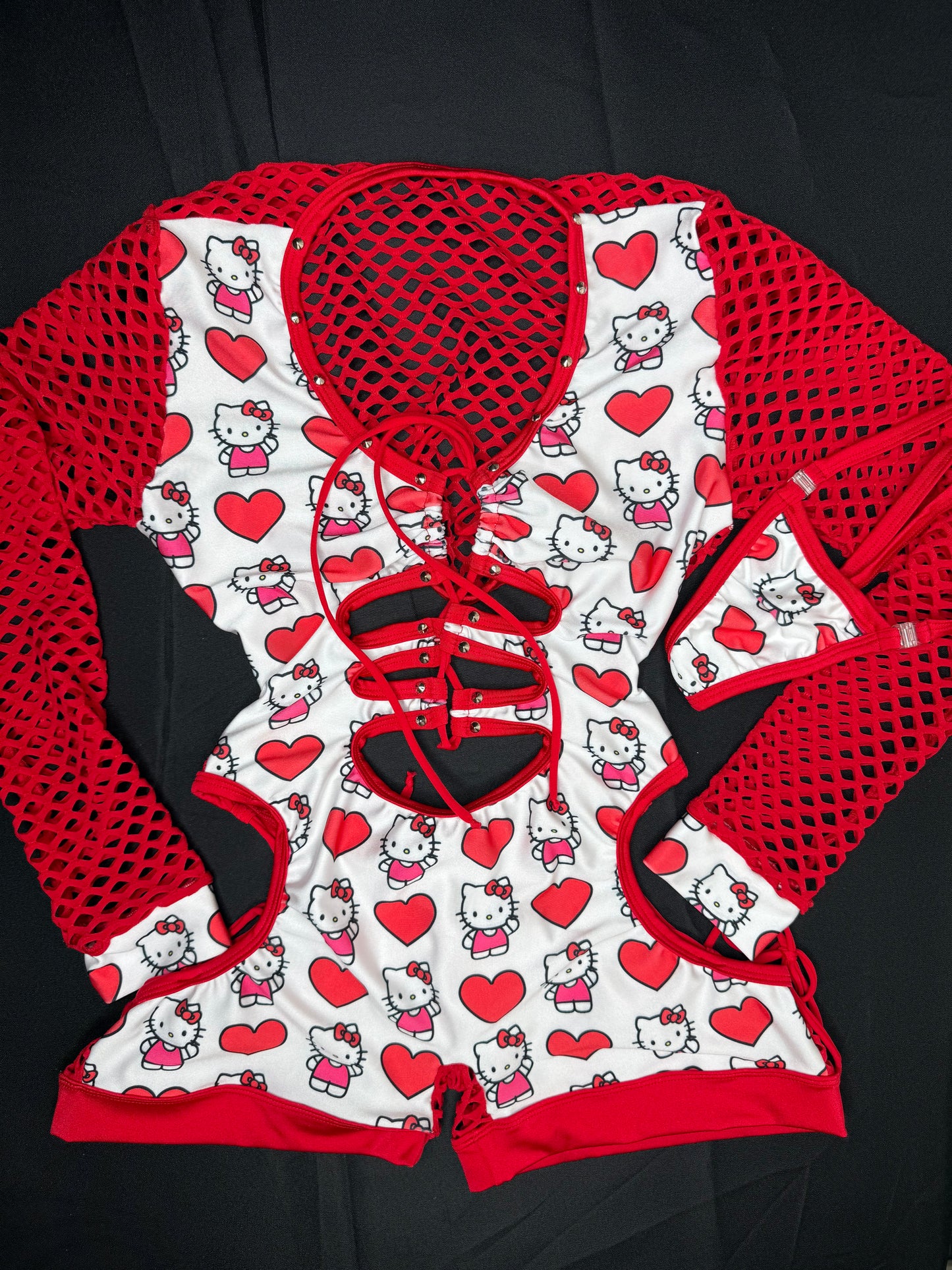 Heart Kitty Print/Red Fishnet Spandex One-Piece Romper Lingerie Outfit