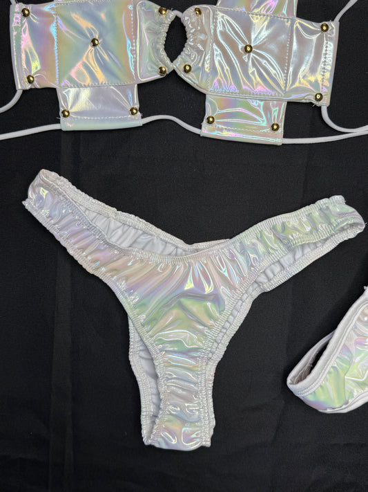 Chrome Vinyl Cross Bikini Cheeky Thong Two-Piece Lingerie Outfit