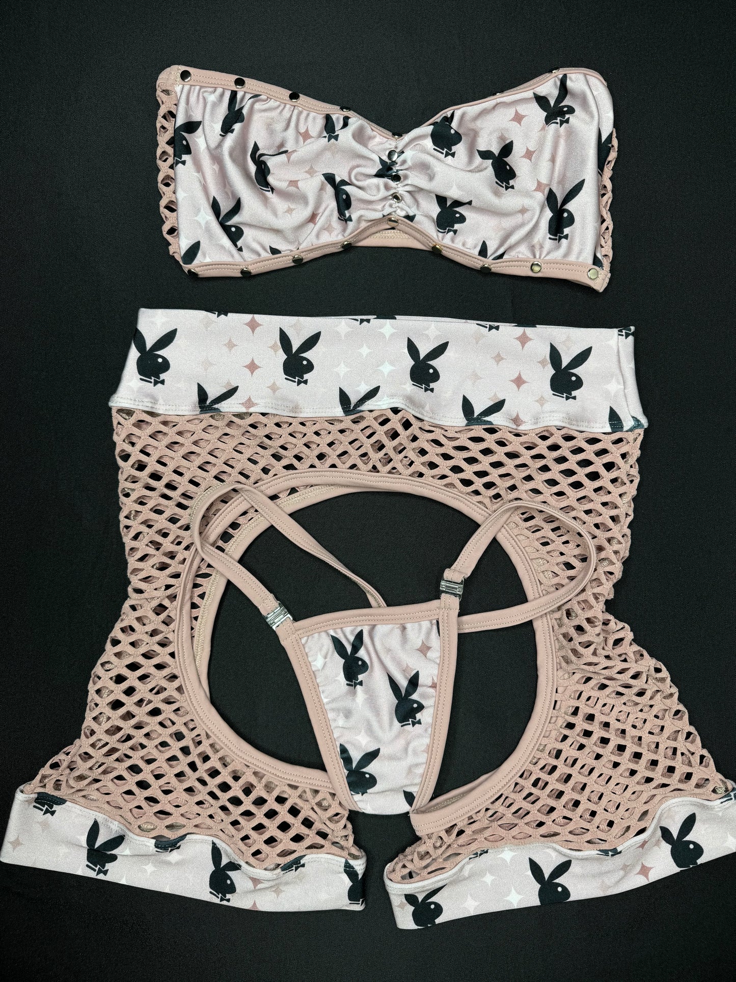 Beige/Grey Playboy Bunny Tube Top/Chaps Two-Piece Lingerie Outfit