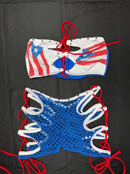 Puerto Rican Flag/Blue/Red Spandex Three-Piece Lingerie Outfit