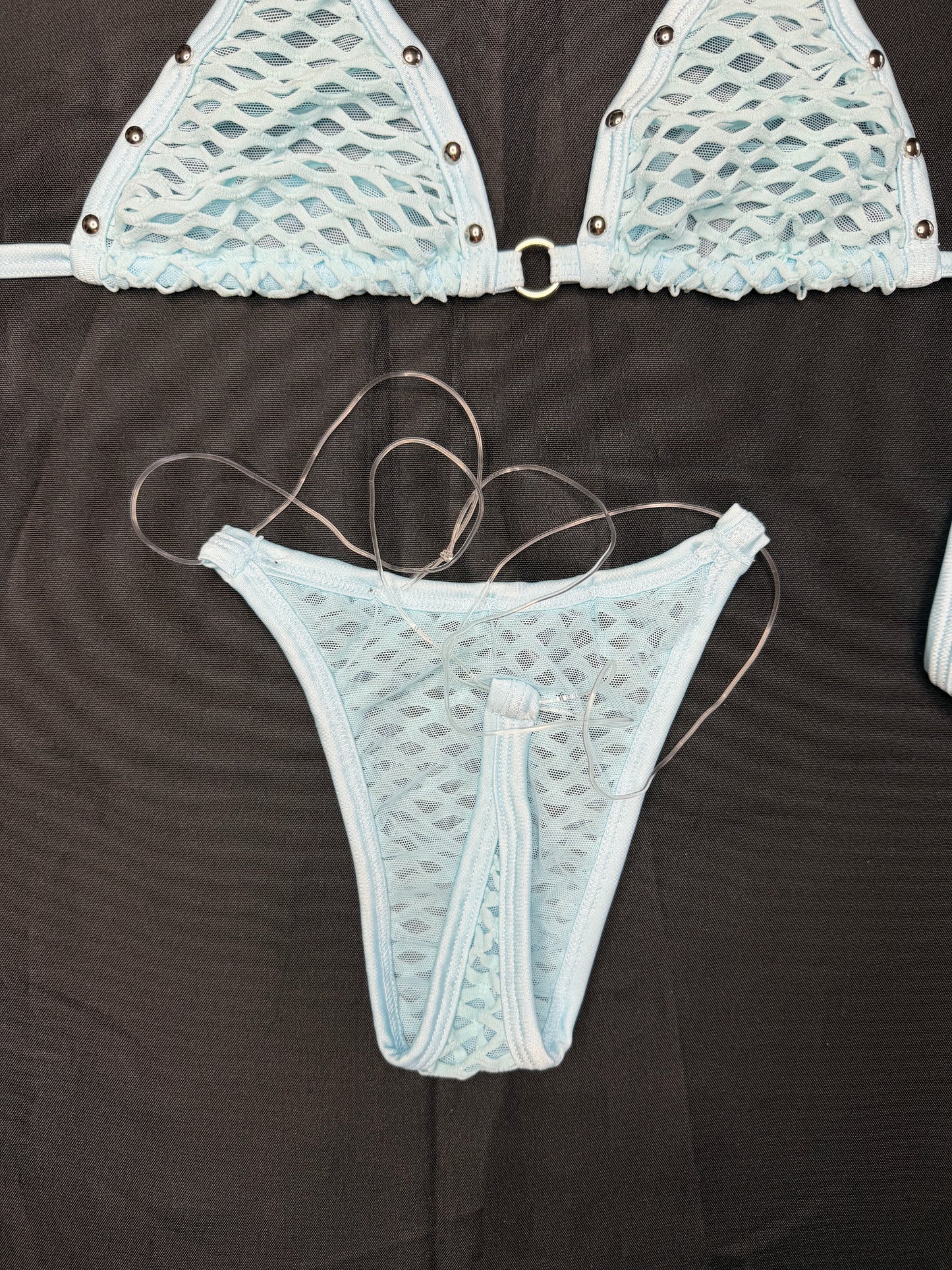 Baby Blue Fishnet Spandex Two-Piece Bikini Lingerie Outfit