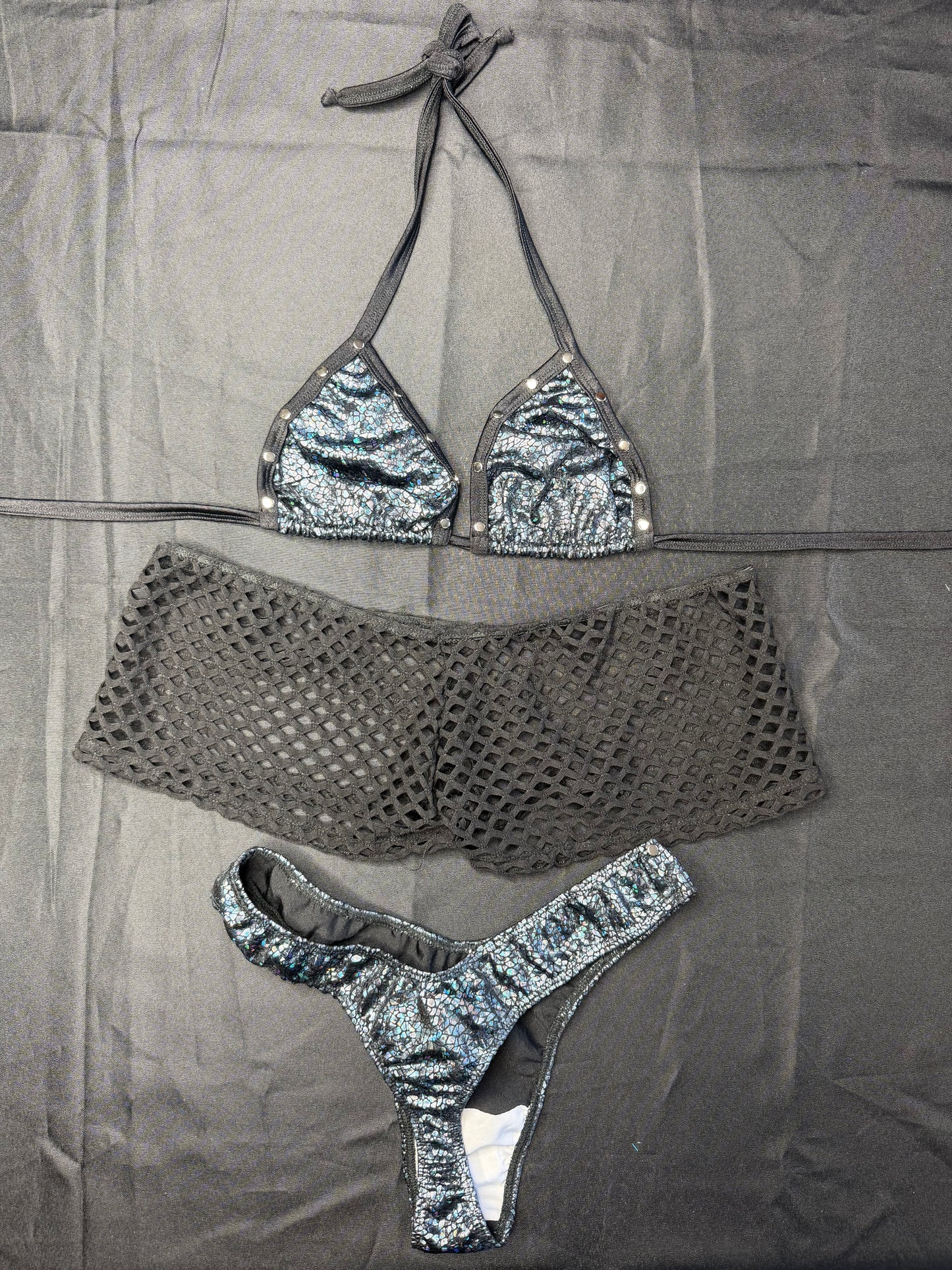 Black Spandex Fishnet Three-Piece Cheeky Thong/Shorts Lingerie Outfit