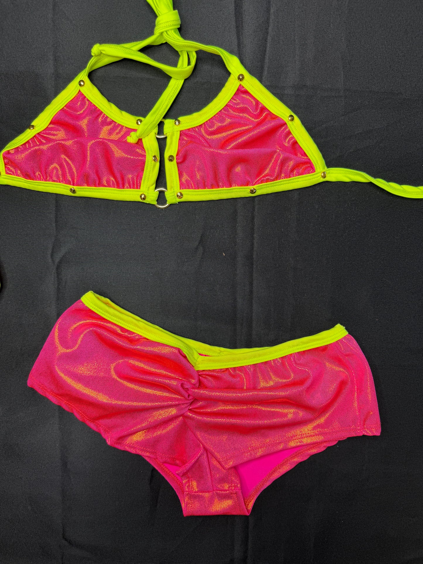 Hot pink/Fuchsia/Neon Yellow Spandex Two-Piece Shorts Lingerie Outfit