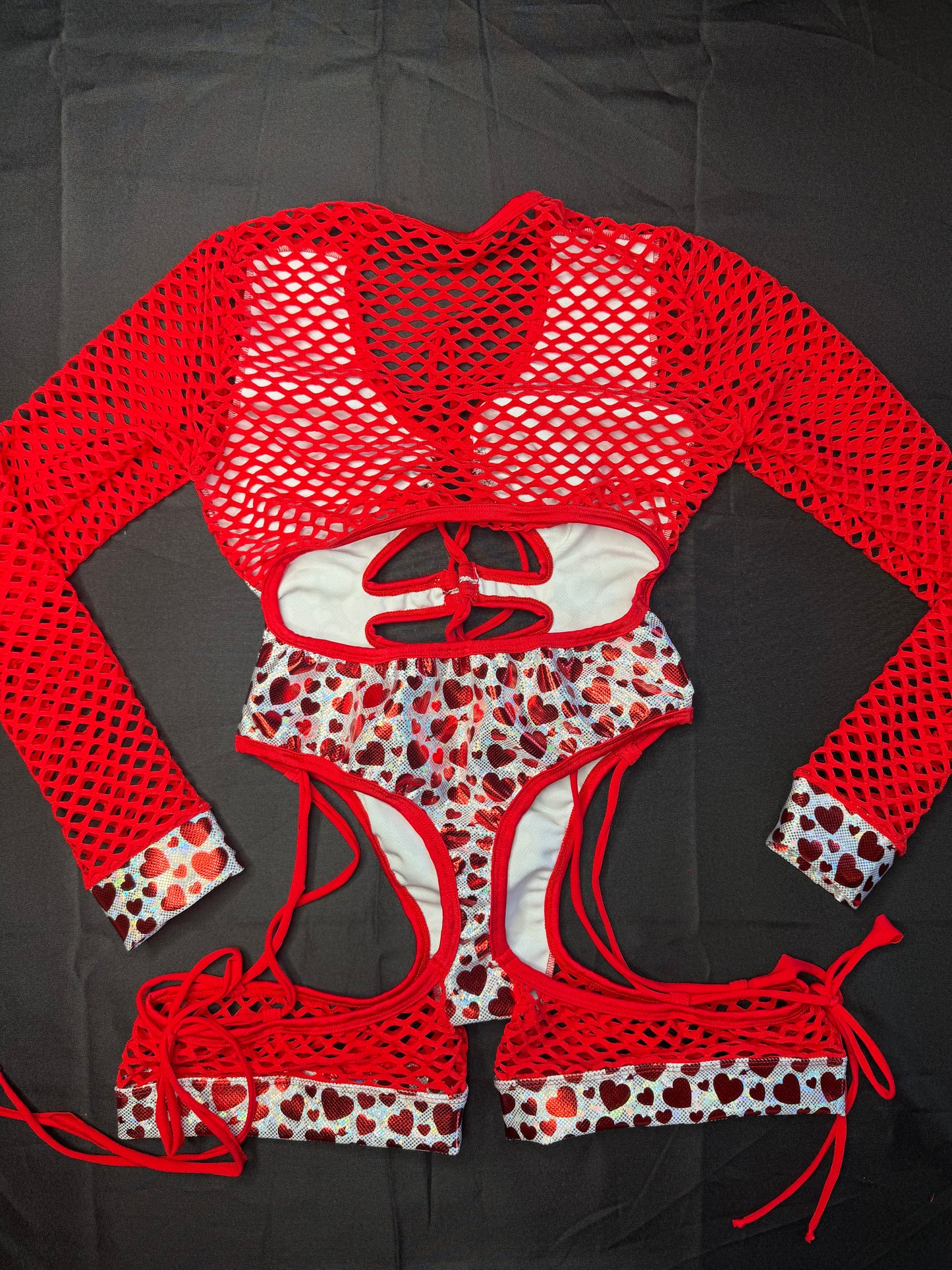 Metallic Hearts/Red Fishnet Spandex Long Sleeve Romper Lingerie Outfit