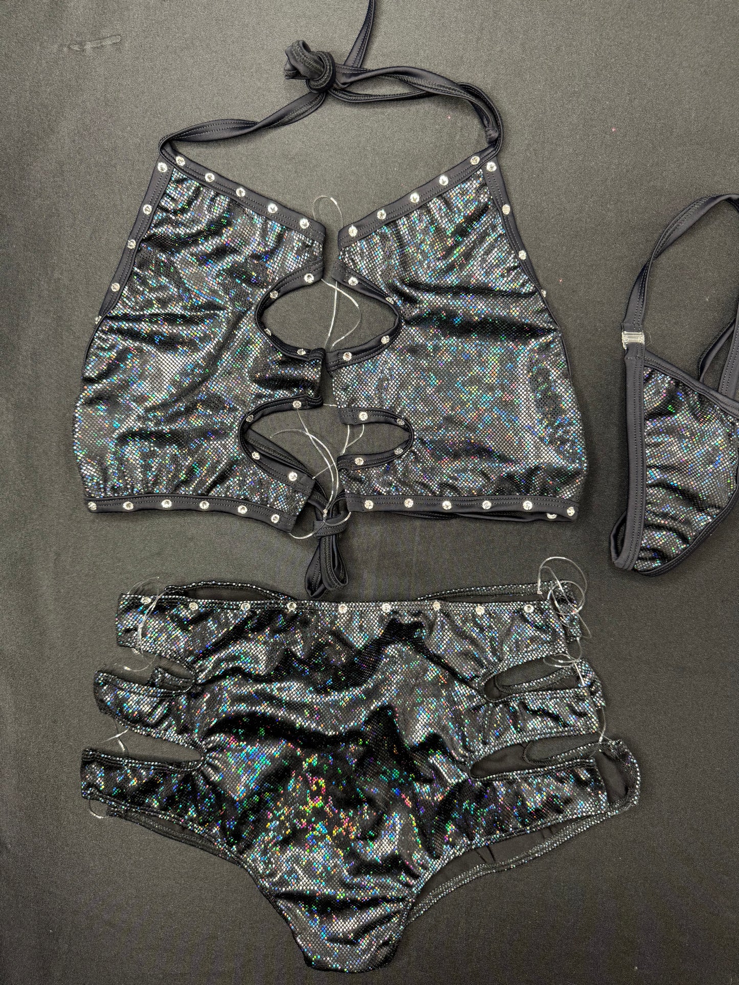 Metallic Black Spandex Sports Bra/Shorts Two-Piece Lingerie Outfit