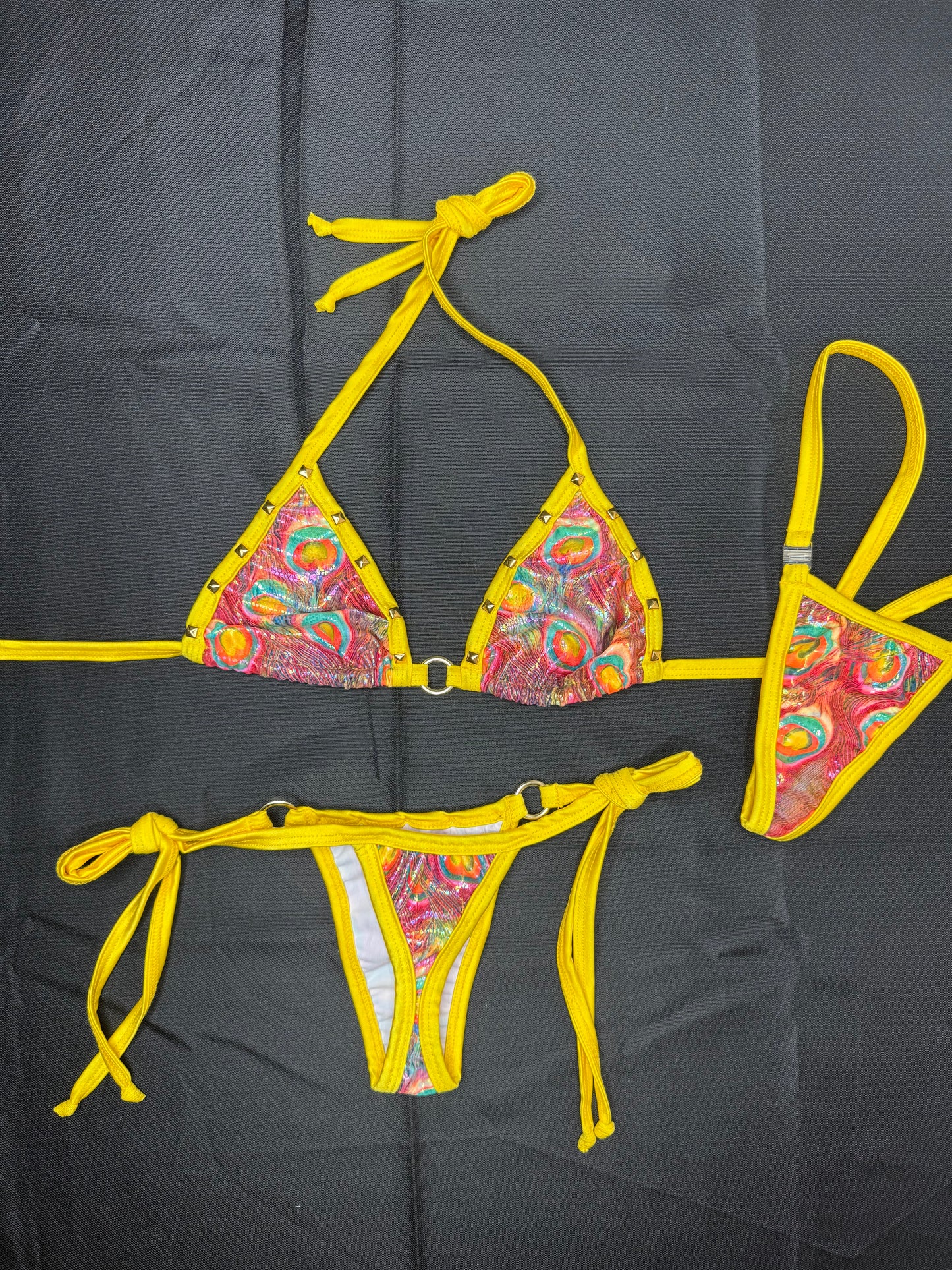 Peacock Holographic/Yellow Spandex Two-Piece Bikini Lingerie Outfit