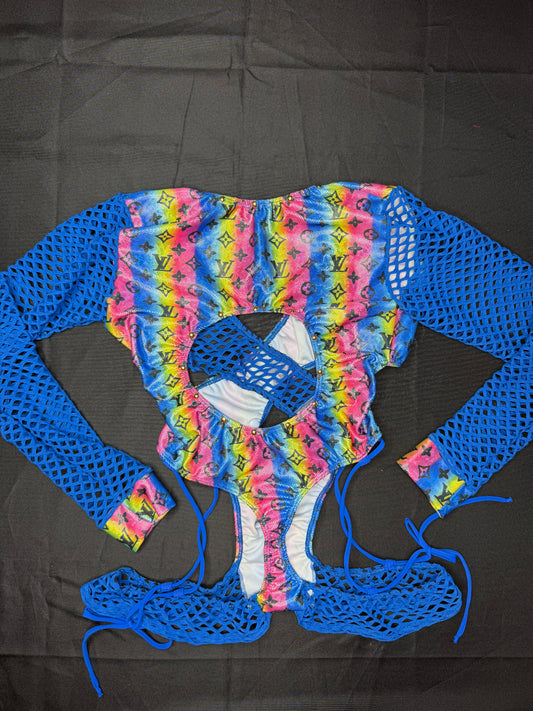 Royal Blue/Rainbow Designer Spandex Romper Lingerie Outfit