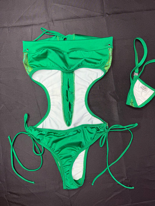Holographic Green Animal Print Spandex One-Piece Lingerie Outfit