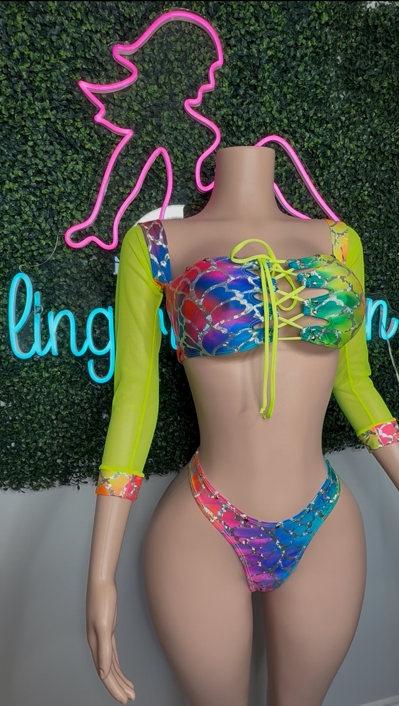 Rainbow Fish Animal Print Spandex/Neon Yellow Mesh Two-Piece Lingerie Outfit