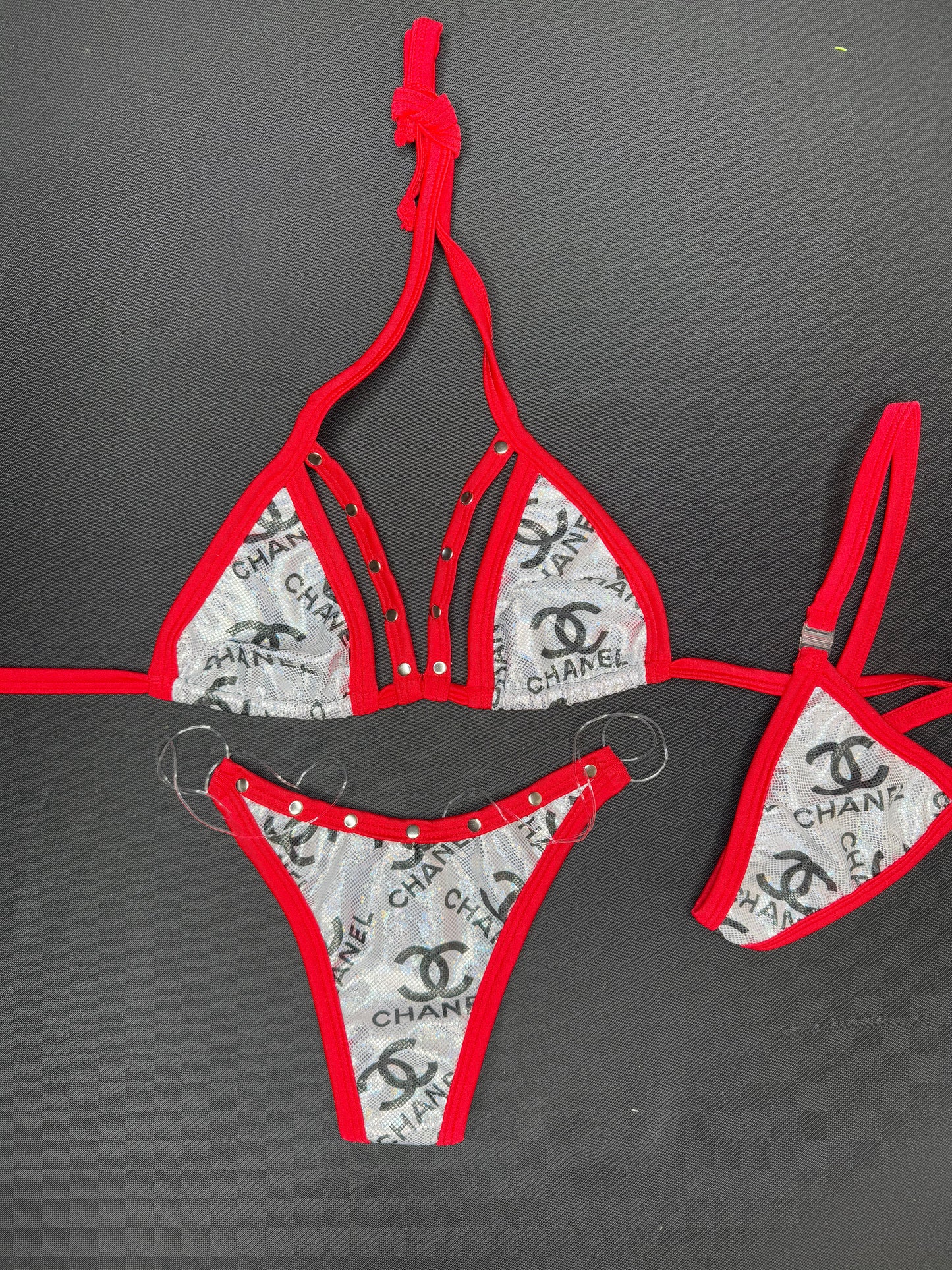 Red/Designer Silver Spandex Two-Piece Bikini Lingerie Outfit