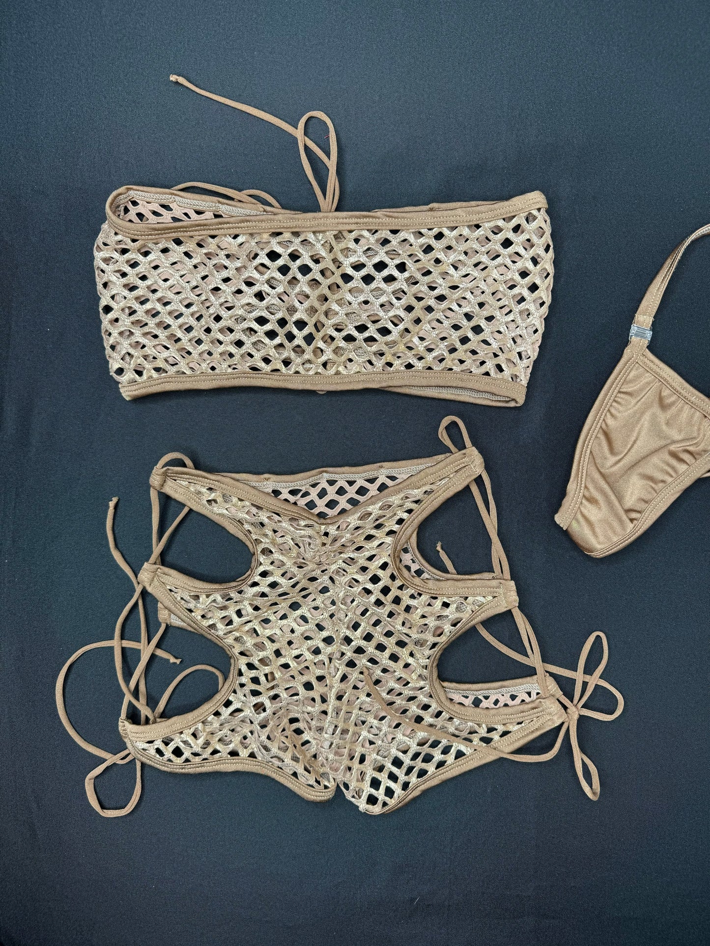 Gold Fishnet/Beige Tube Top/Shorts Two-Piece Lingerie Outfit