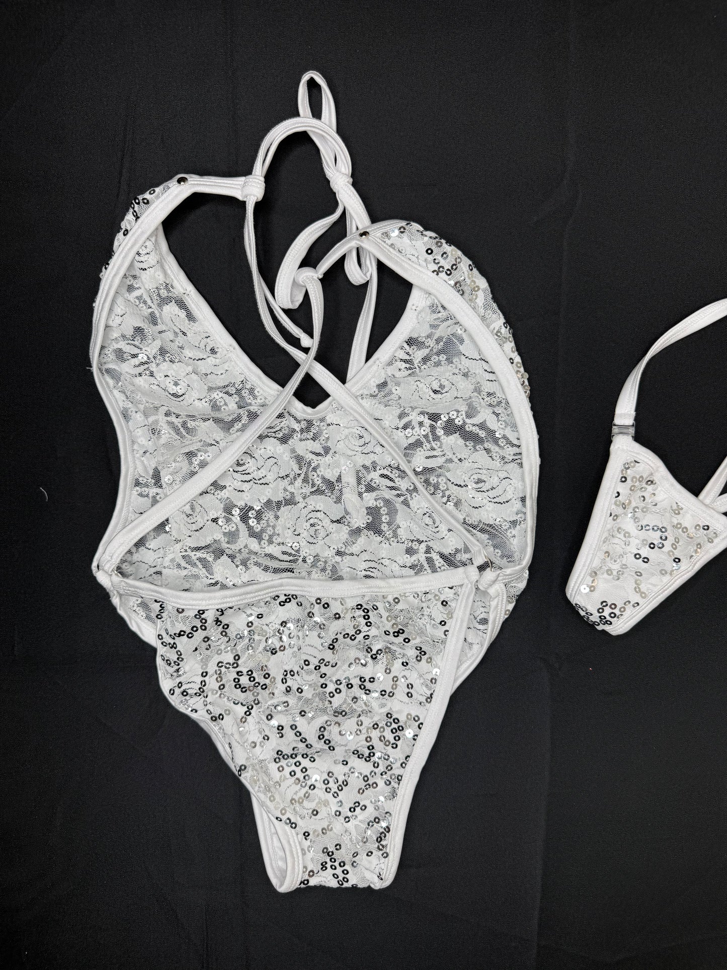 White Lace Sequins One-Piece Lingerie