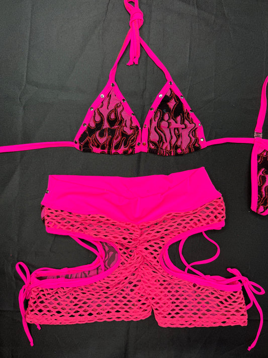 Hot Pink Mesh/Spandex Bikini Top/Shorts Two-Piece Lingerie Outfit