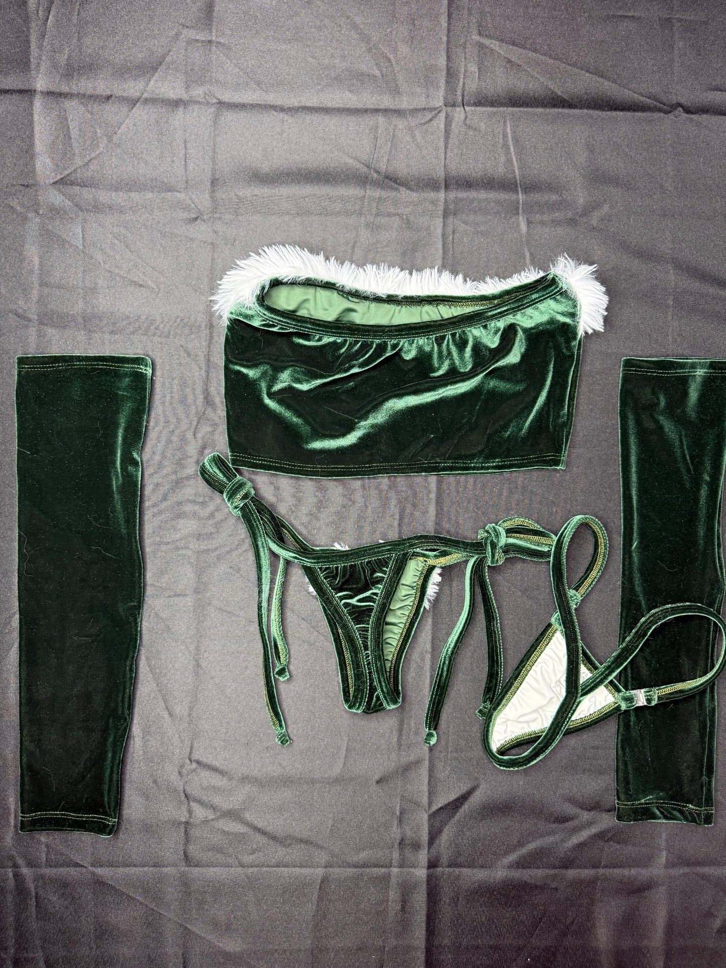 Green Velvet Three-Piece With Hat Christmas Lingerie Outfit