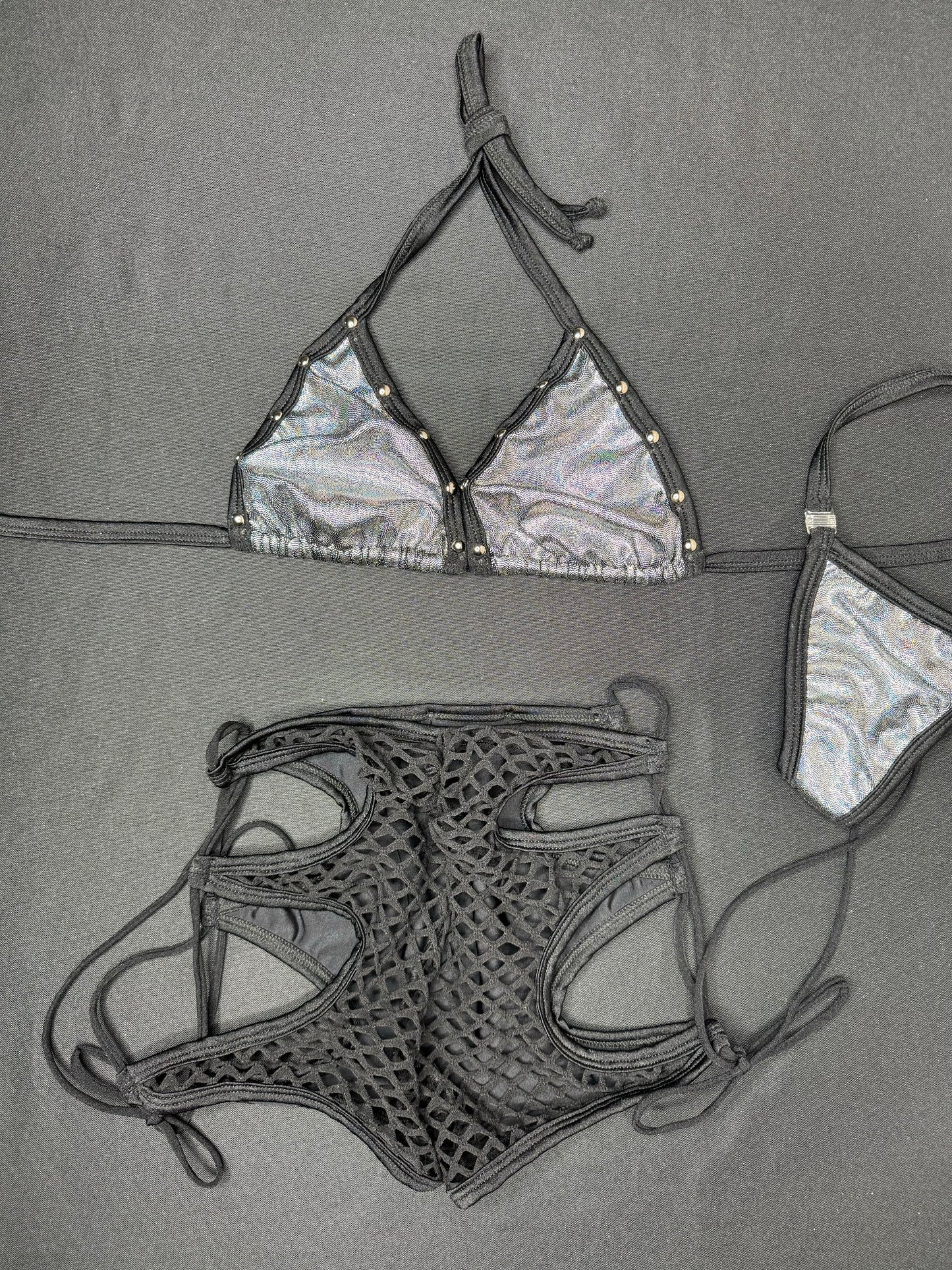 Metallic Black/Black Fishnet Bikini Top/Shorts Two-Piece Lingerie Outfit