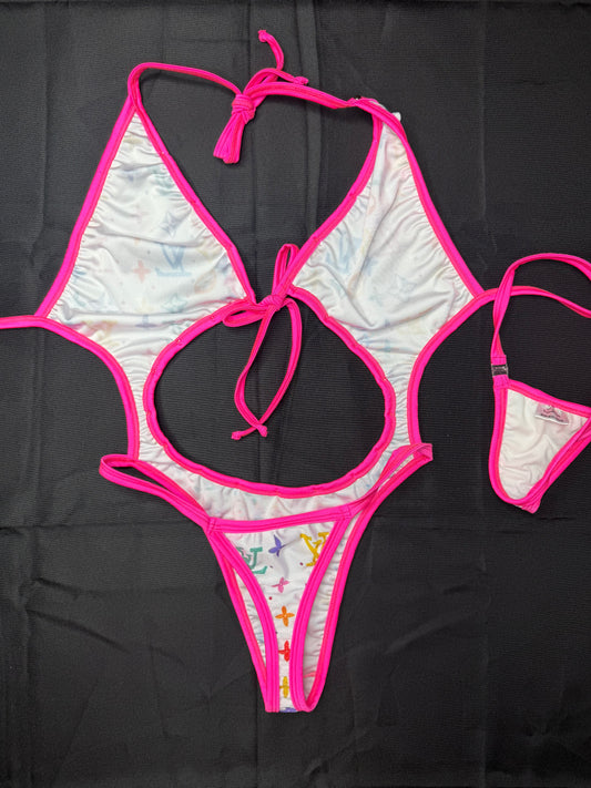 Design White/Hot Pink Spandex One-Piece Lingerie Outfit