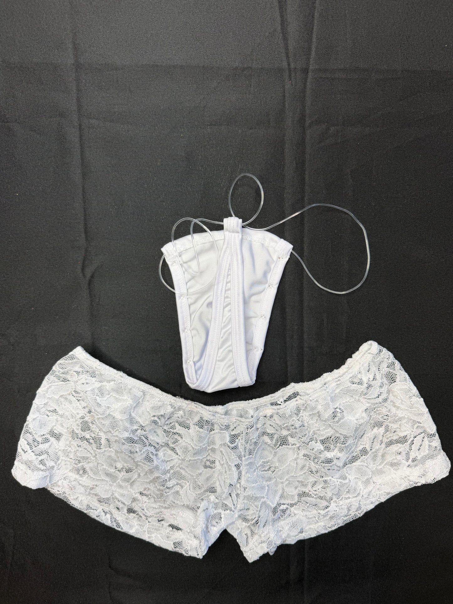 White Spandex/White Lace Three-Piece Shorts Lingerie Outfit