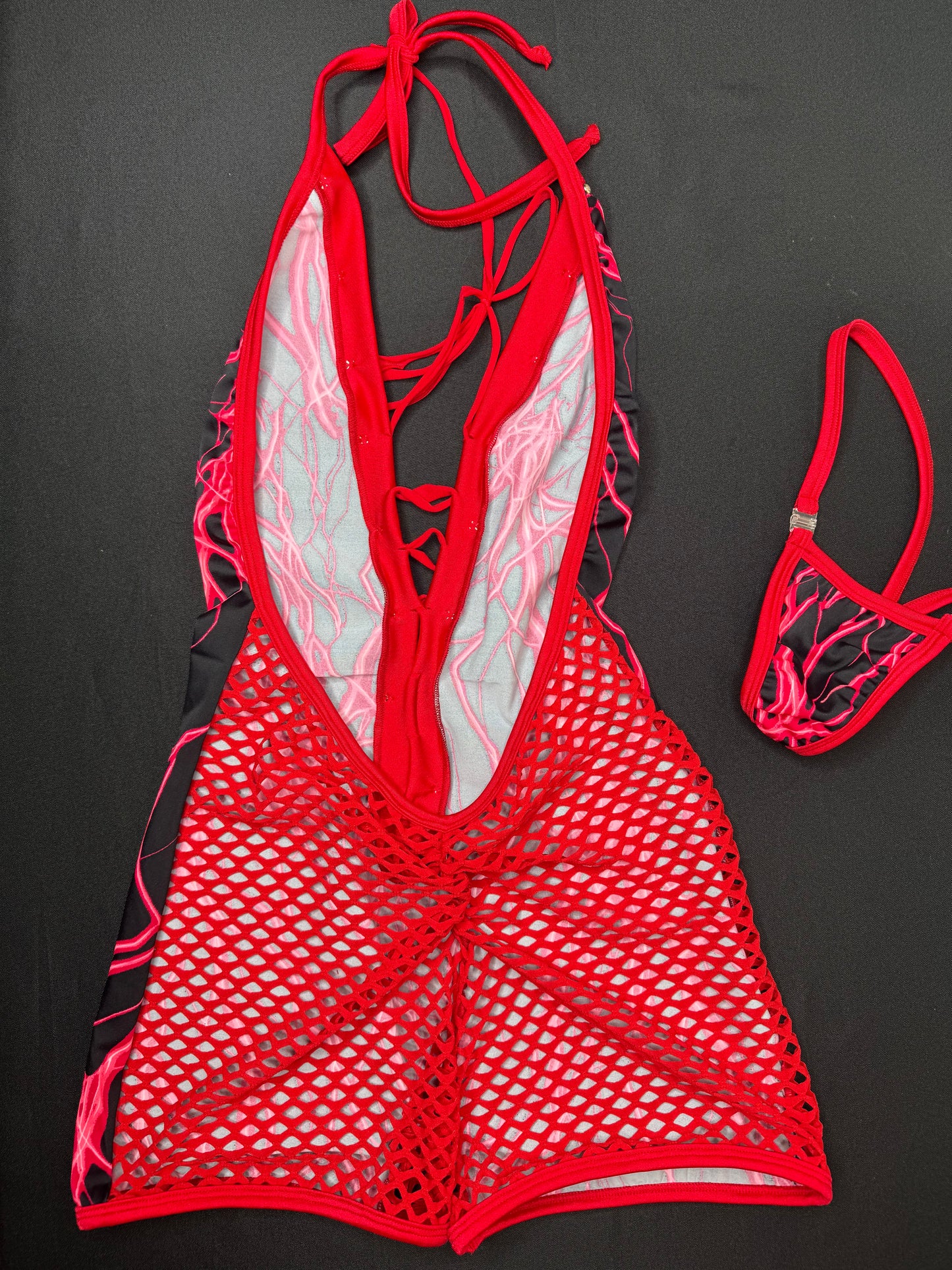 Red Thunder Print Spandex/Red Fishnet One-Piece Lingerie Outfit