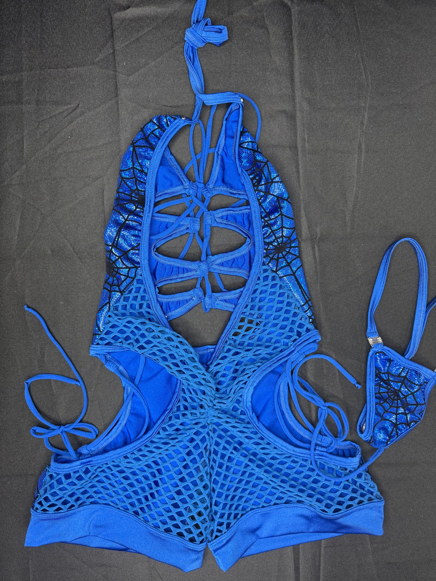 Royal Blue Spandex Spider Web One-Piece Romper Lingerie Outfit