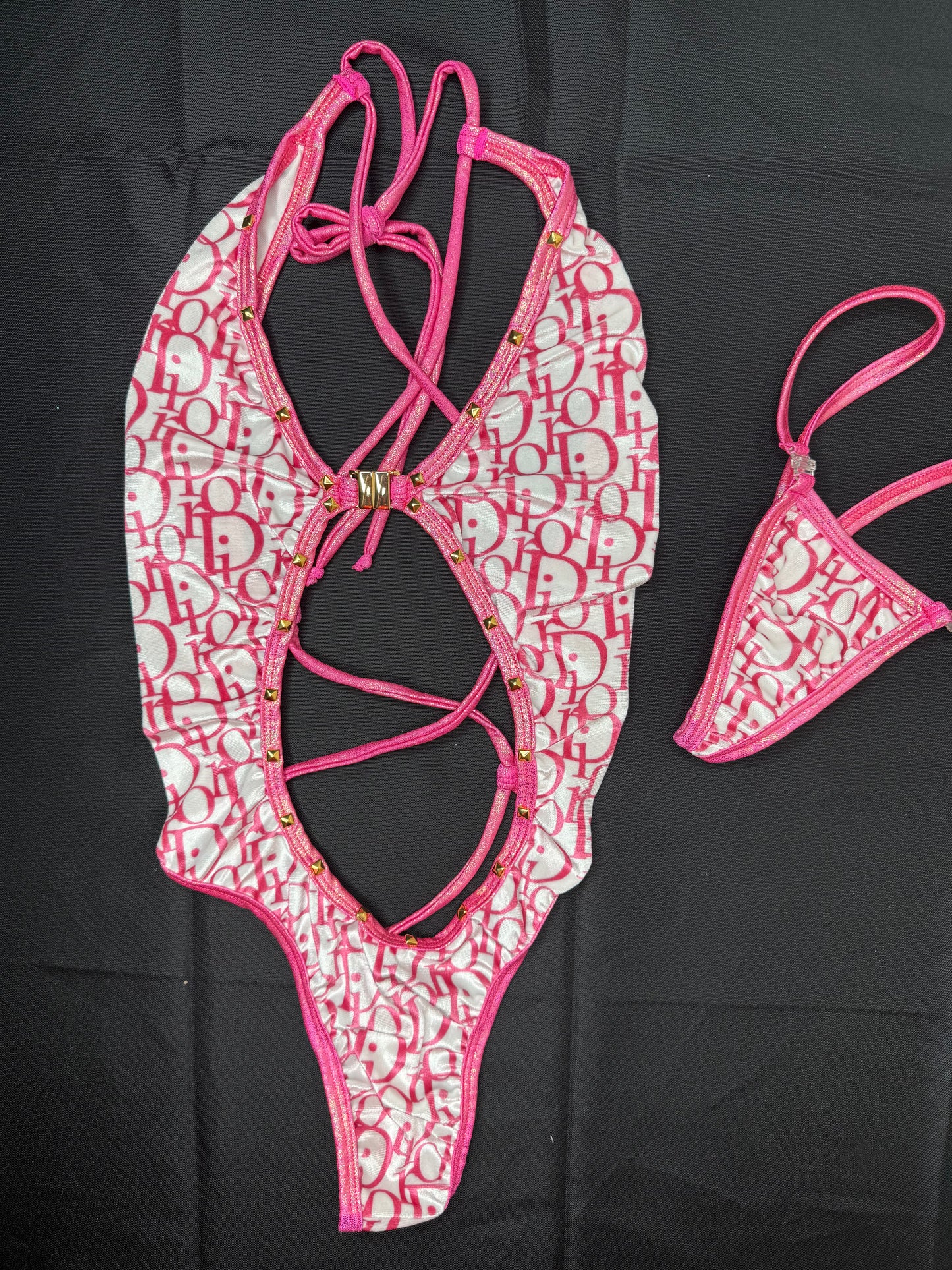 White/Baby Pink VELVET Designer One-Piece Lingerie Outfit
