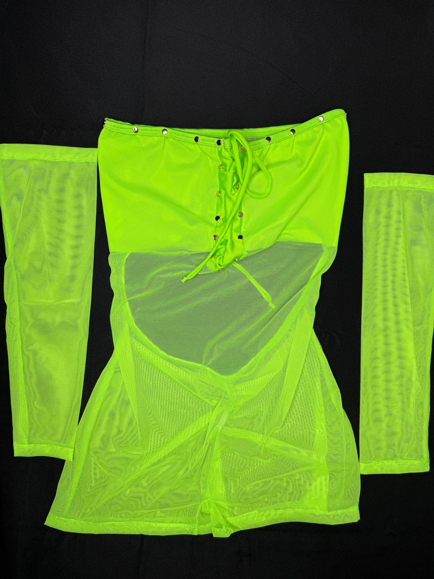 Neon Green Mesh Three-Piece Cheeky Thong/Sleeves Lingerie Outfit