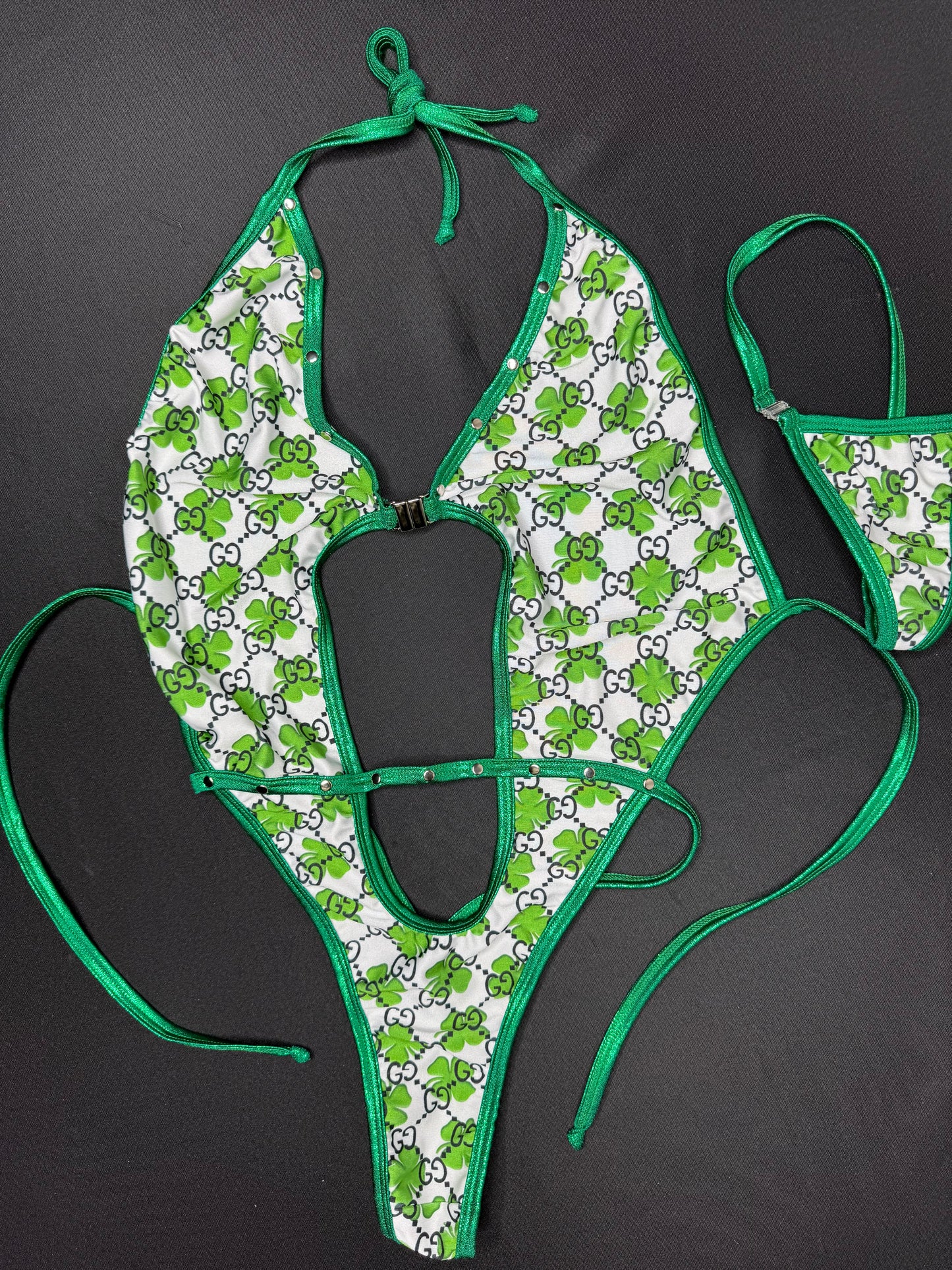 Green/White Designer Spandex/Metallic Kelly Green Trim One-Piece Lingerie Outfit