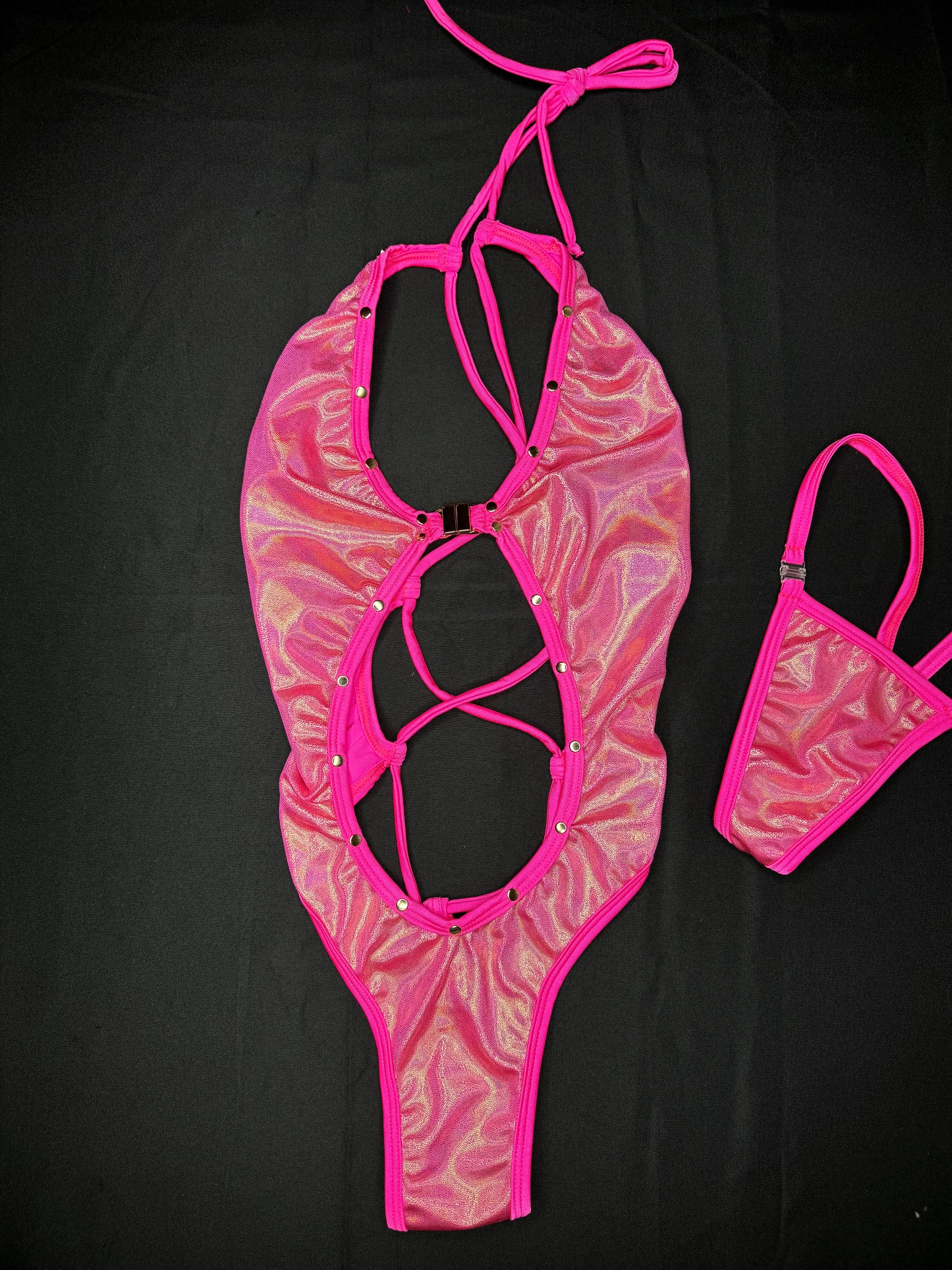 Hot Pink/Metallic Pink One-Piece Lingerie Outfit