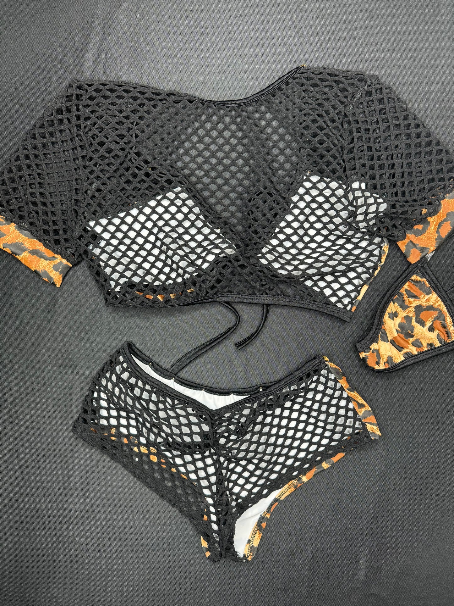 Cheetah Animal Print Spandex/Black Fishnet Two-Piece Shorts Lingerie Outfit