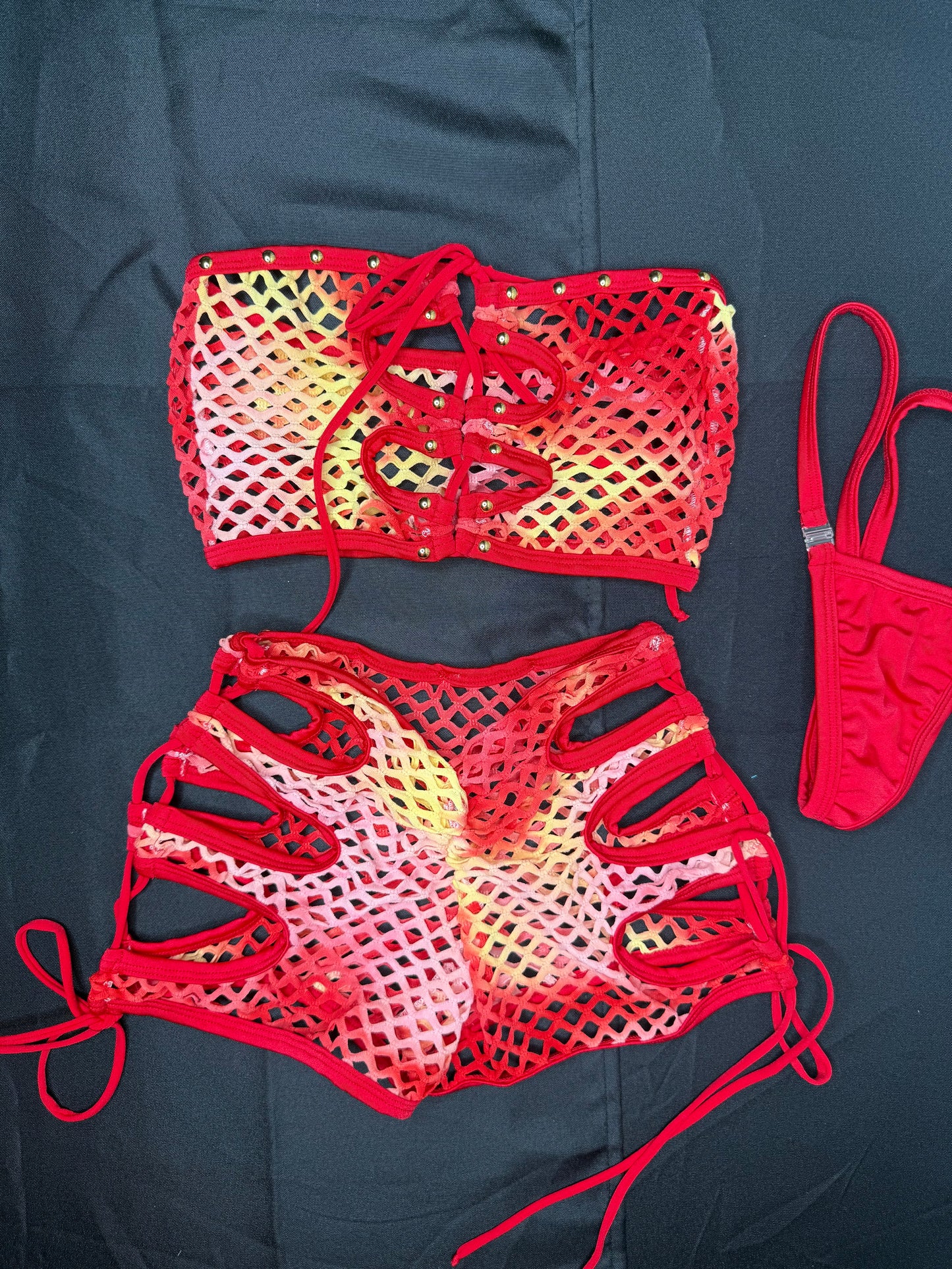 Red Ombré Fishnet Tube-Top/Shorts Two-Piece Lingerie Outfit