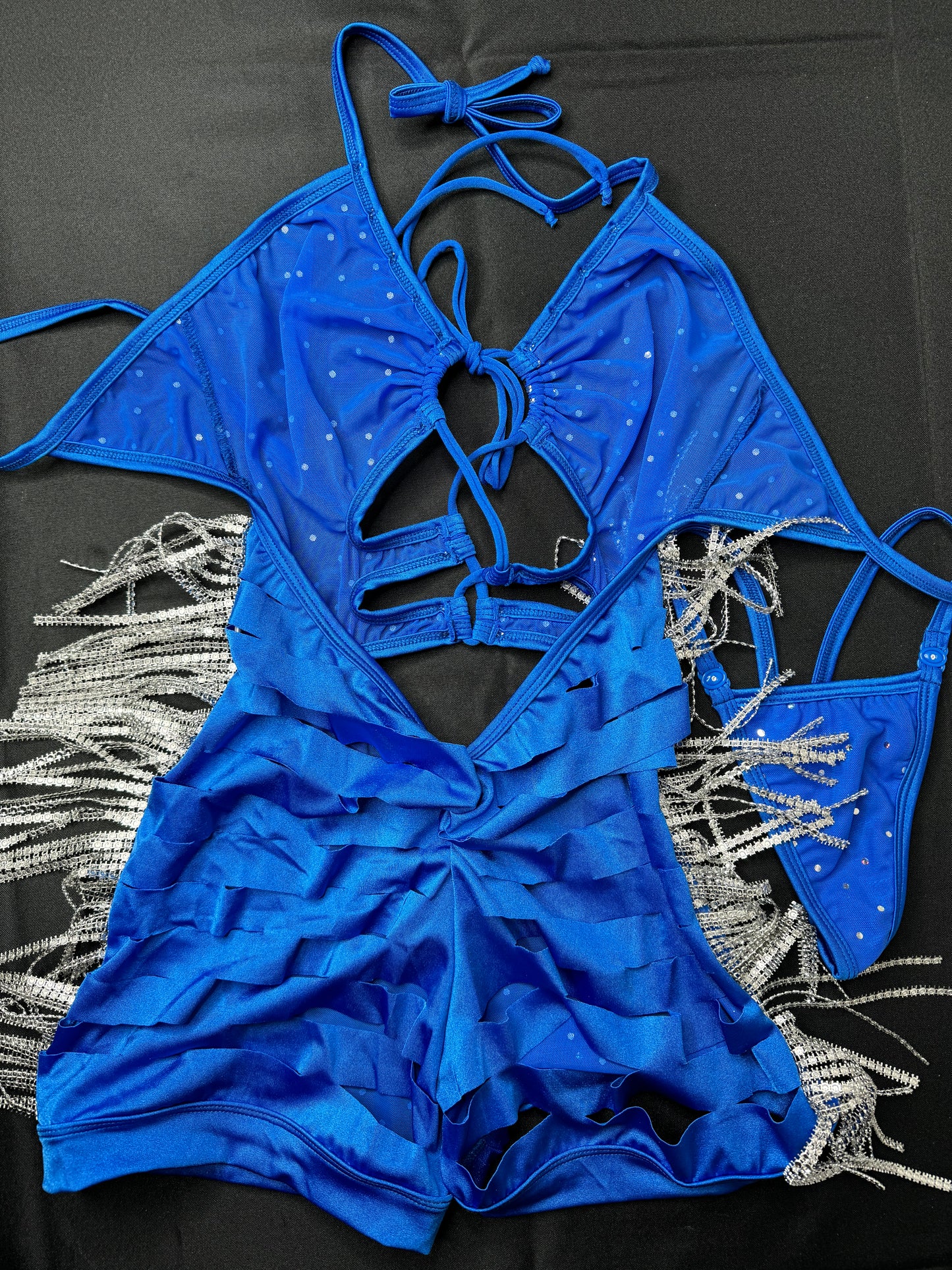 Royal Blue Mesh/Stretch Fabric Chrome Fringe Romper