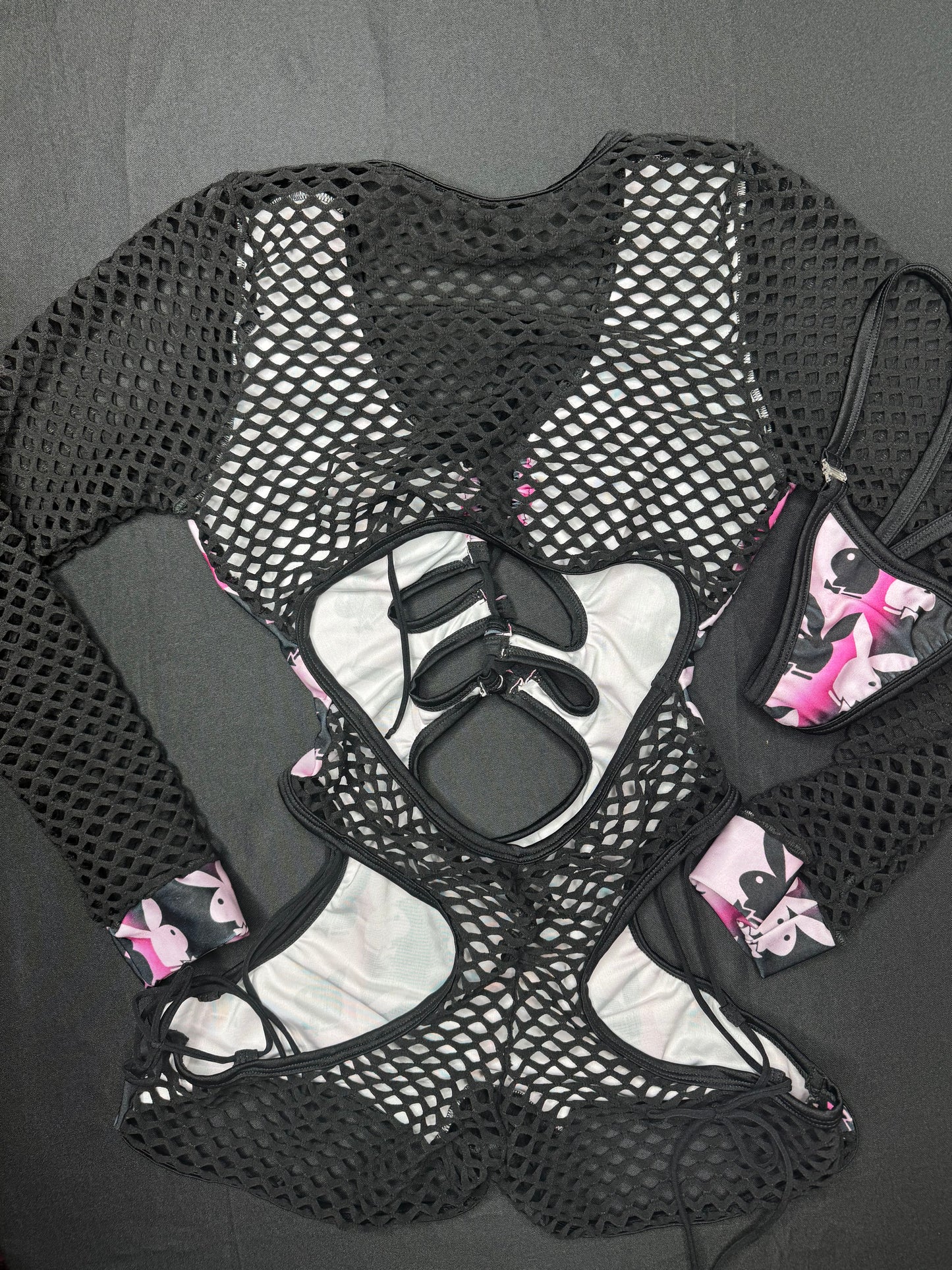 Black Fishnet/Bunny Print Spandex One-Piece Romper Lingerie Outfit