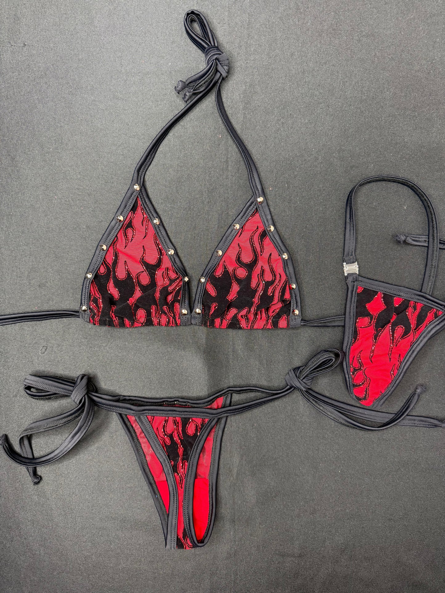 Red Flame Mesh Two-Piece Side Tie Bikini Lingerie Outfit