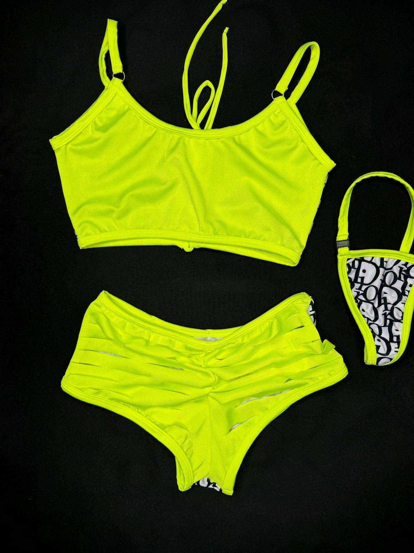 Neon Yellow/White Designer Two-Piece Shorts Lingerie Outfit