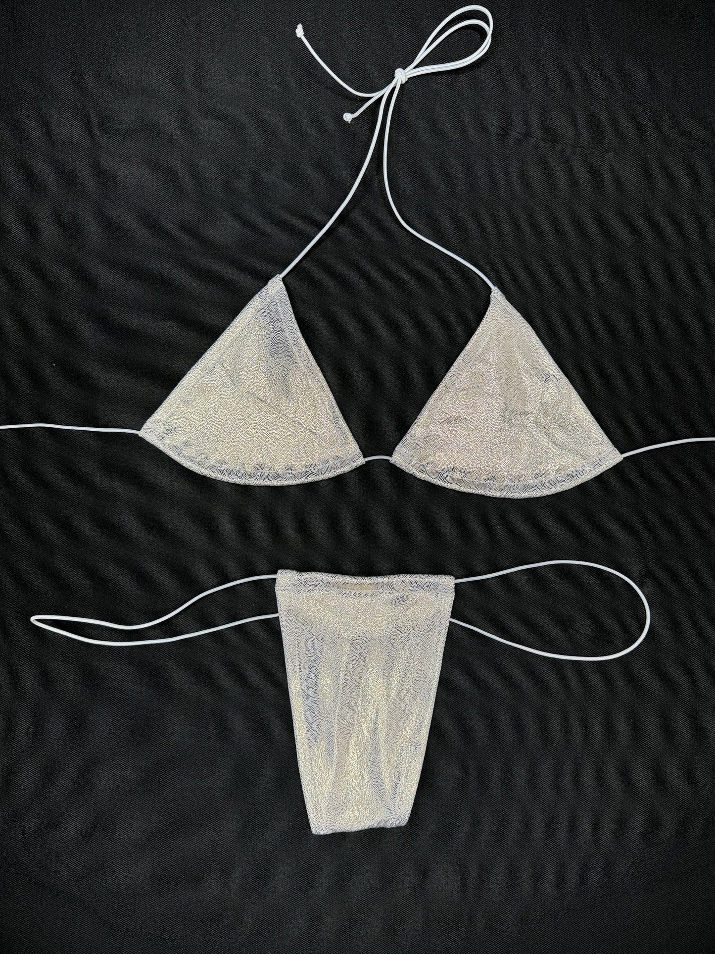 Metallic Grey Two-Piece Micro Bikini Lingerie Outfit