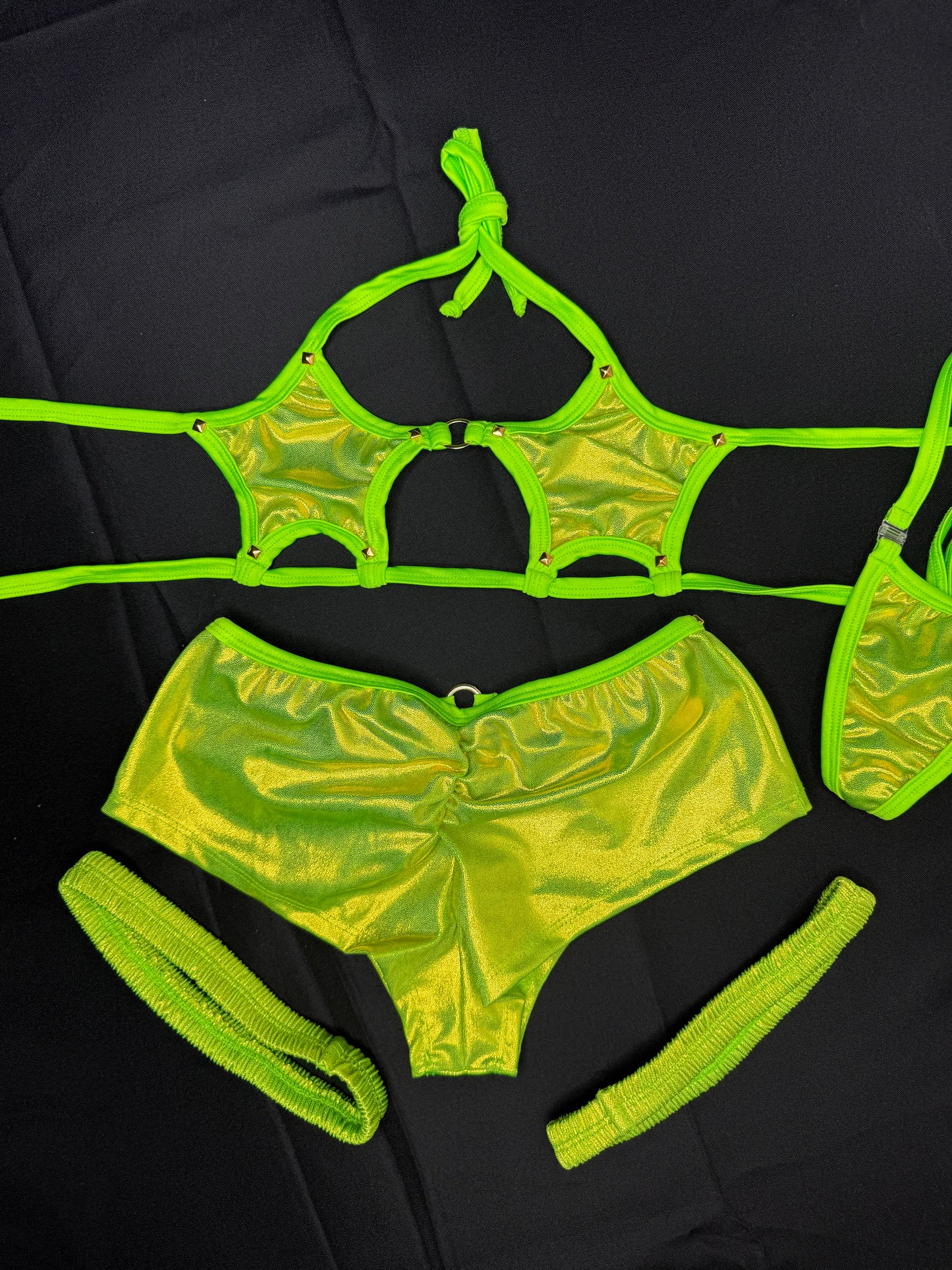 Lime-Green Star Bikini Top/Shorts Garters Lingerie Outfit