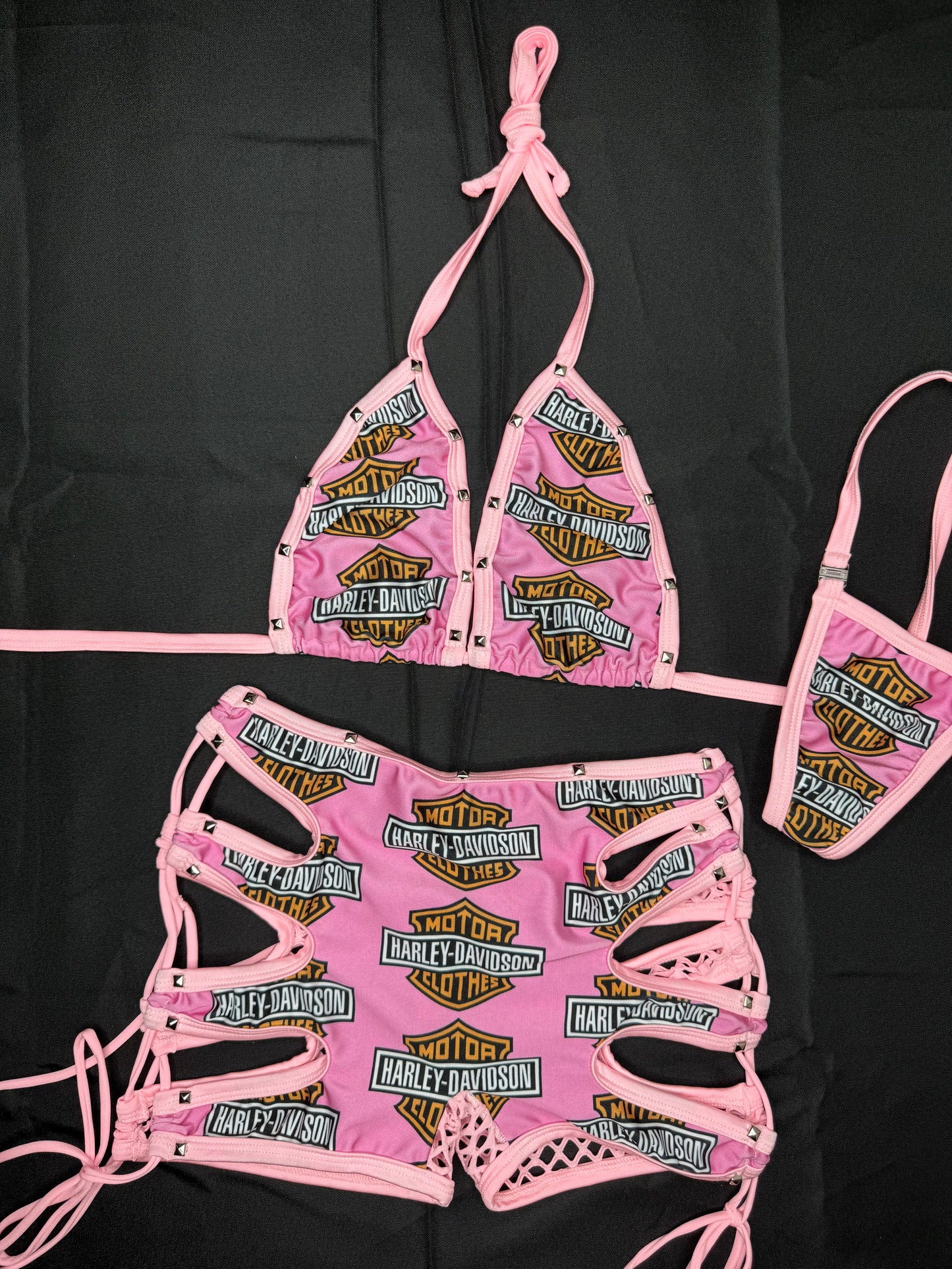 Harley Pink/Baby Pink Spandex Fishnet Shorts/Bikini Top Two-Piece Lingerie Outfit