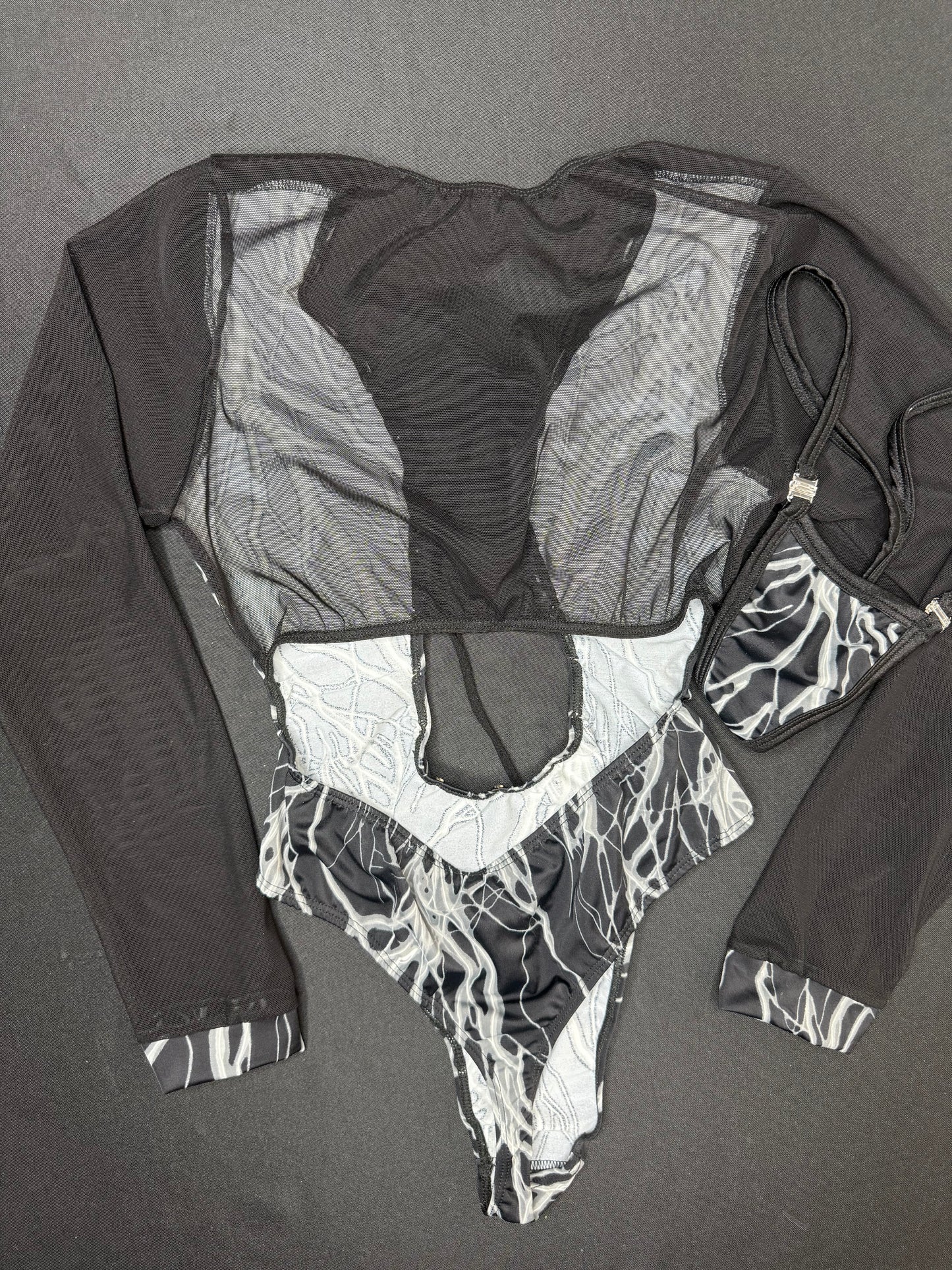 Grey Thunder Print Spandex Leotard One-Piece Lingerie Outfit