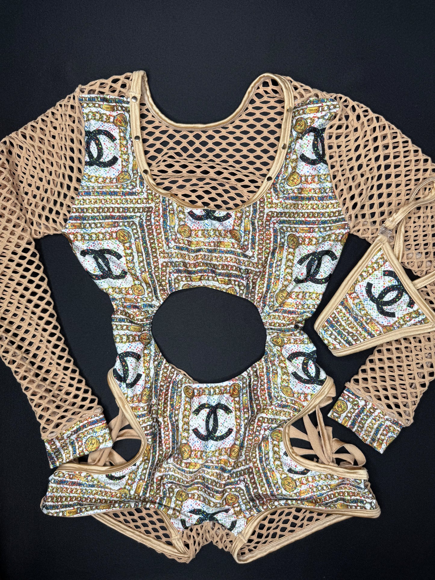 Beige Designer Spandex/Fishnet One-Piece Romper Lingerie Outfit