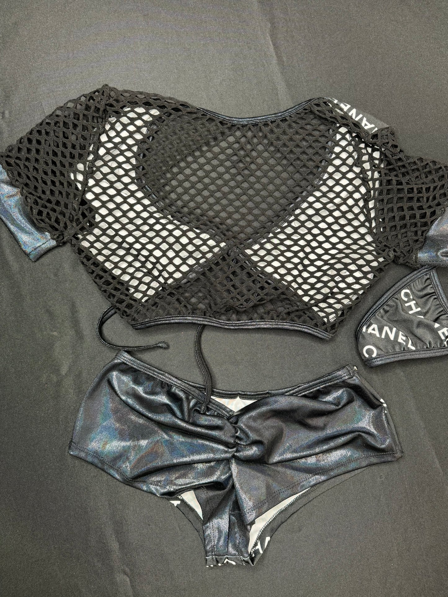 Black Designer Spandex Fishnet Two-Piece Lingerie Outfit