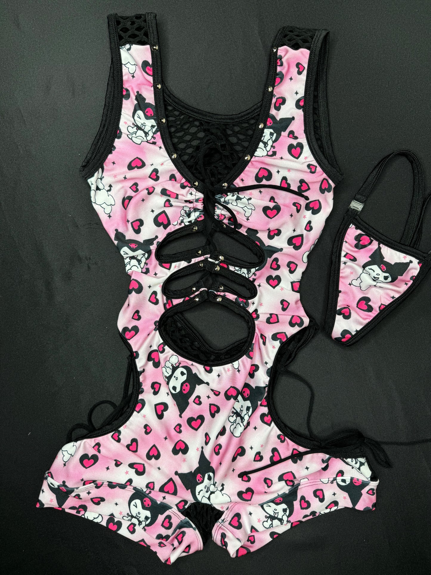 Baby Pink Kuromi Hearts Spandex/Black Fishnet Two-Piece Fringe Exotic Dancer Outfit