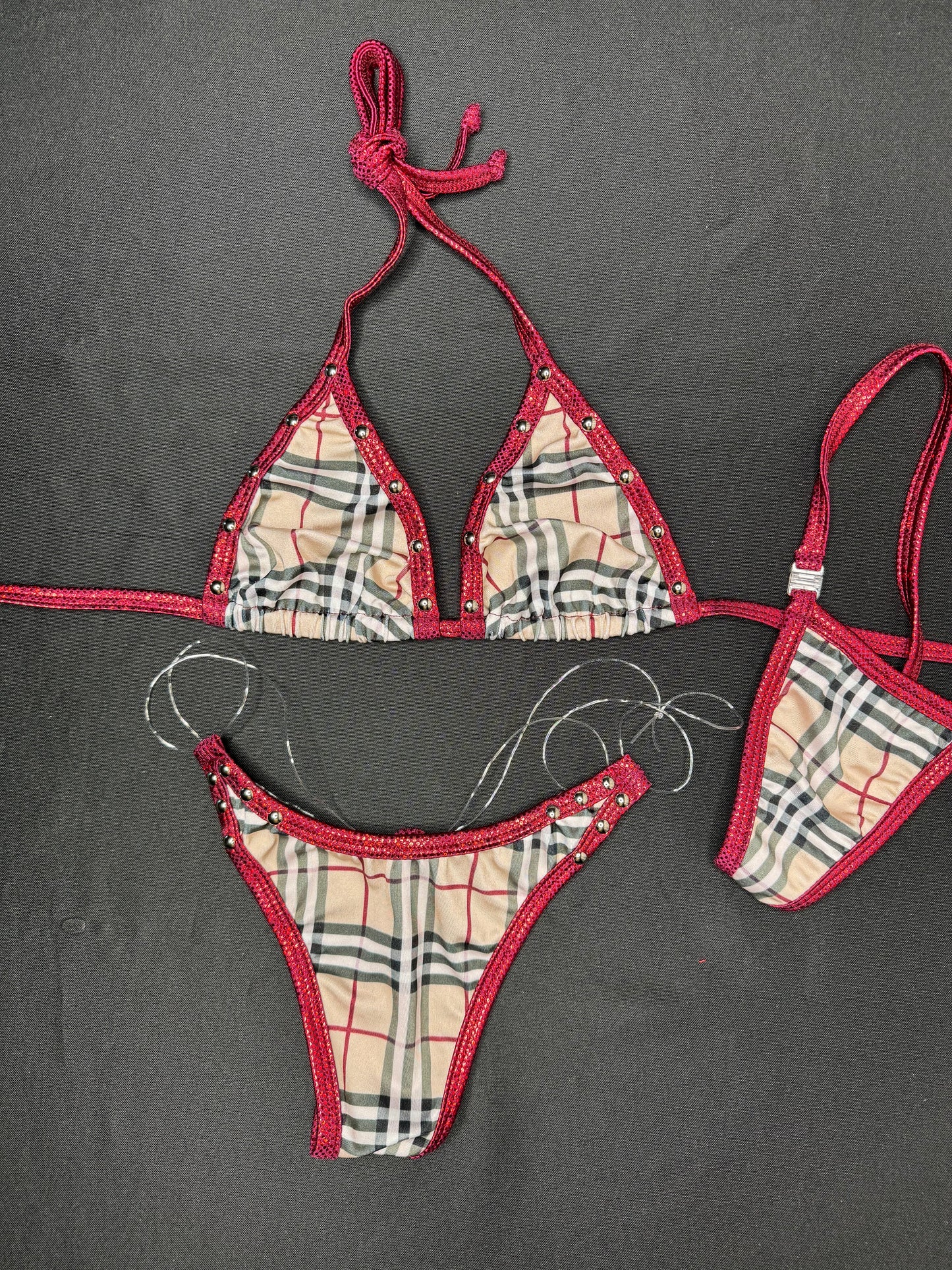 Metallic Red/Designer Plaid Two-Piece Bikini Lingerie Outfit