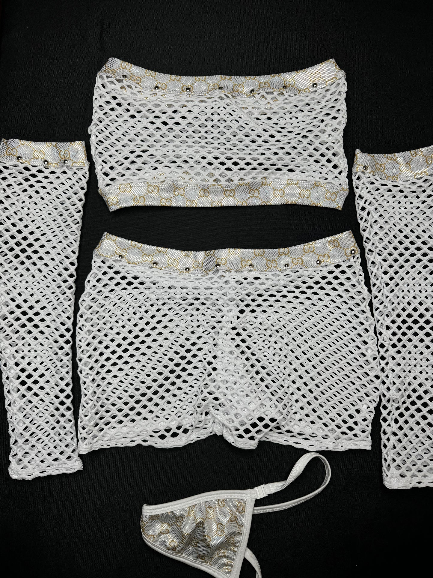 Metallic Silver/Gold Designer Three-Piece White Fishnet Arm Sleeve Lingerie Outfit