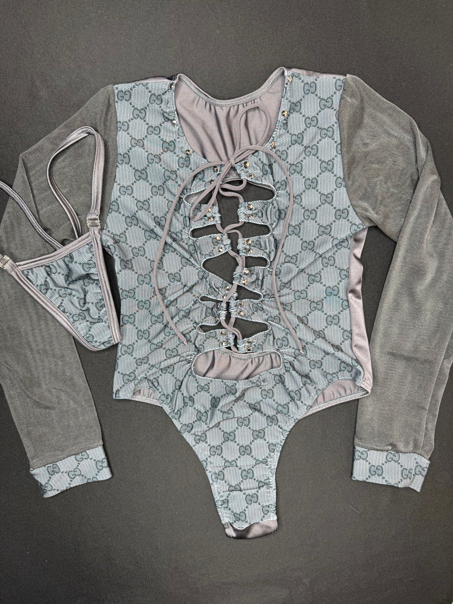Designer Spandex/Charcoal Mesh One-Piece Leotard Outfit