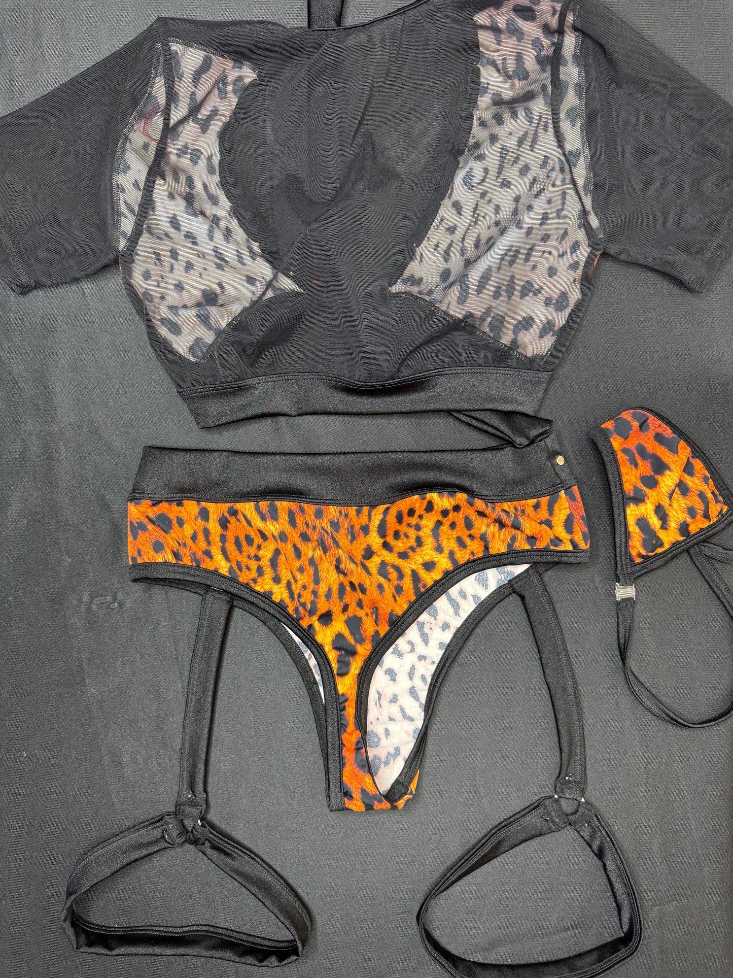 Black/Animal Print Spandex/Mesh Short Sleeve Front Tie Top/Garter Shorts Two-Piece Lingerie Outfit